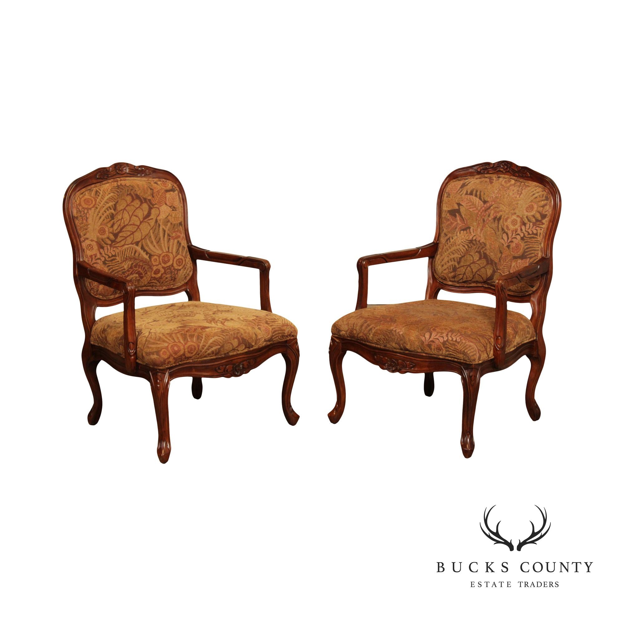 French Louis XV Style Pair of Carved Fruitwood Fauteuil Armchairs