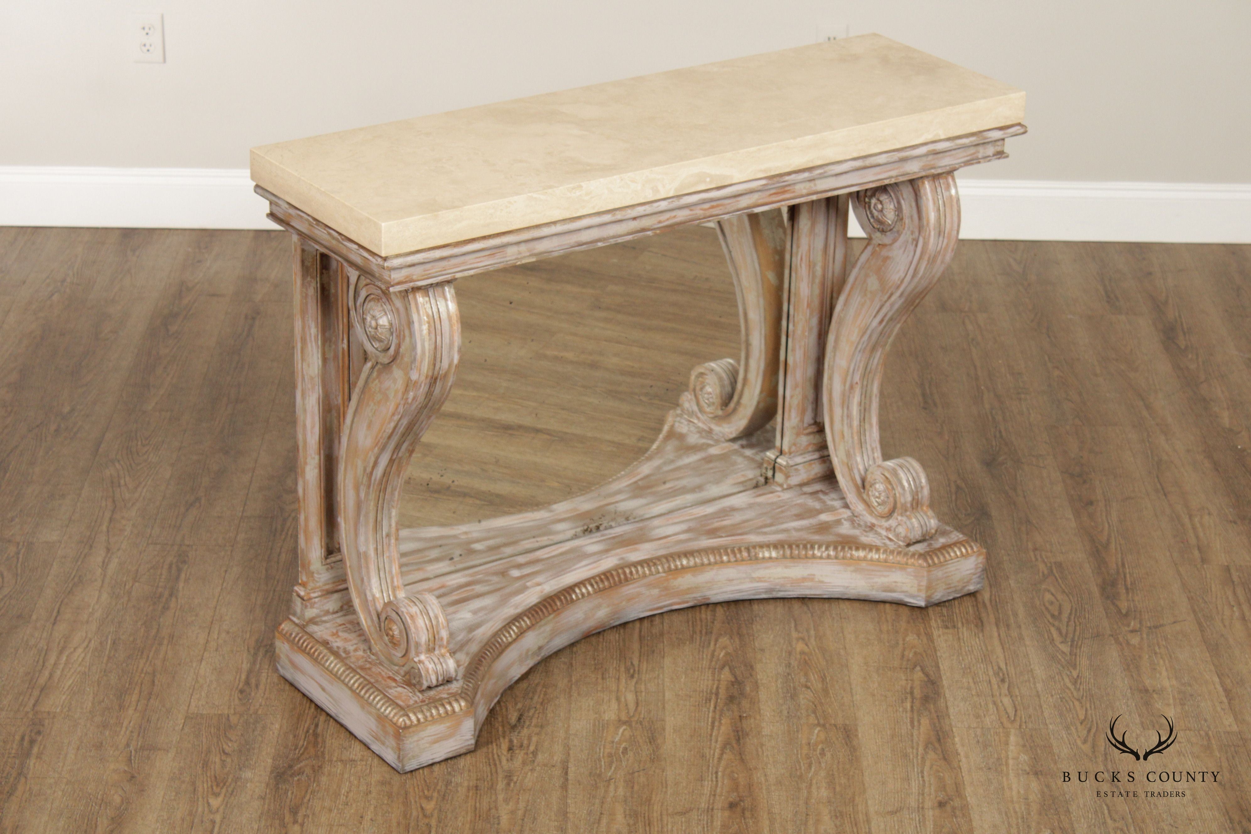 Niermann Weeks Neoclassical Empire Style Pair of Scroll Carved Travertine Top 'Blenheim' Consoles