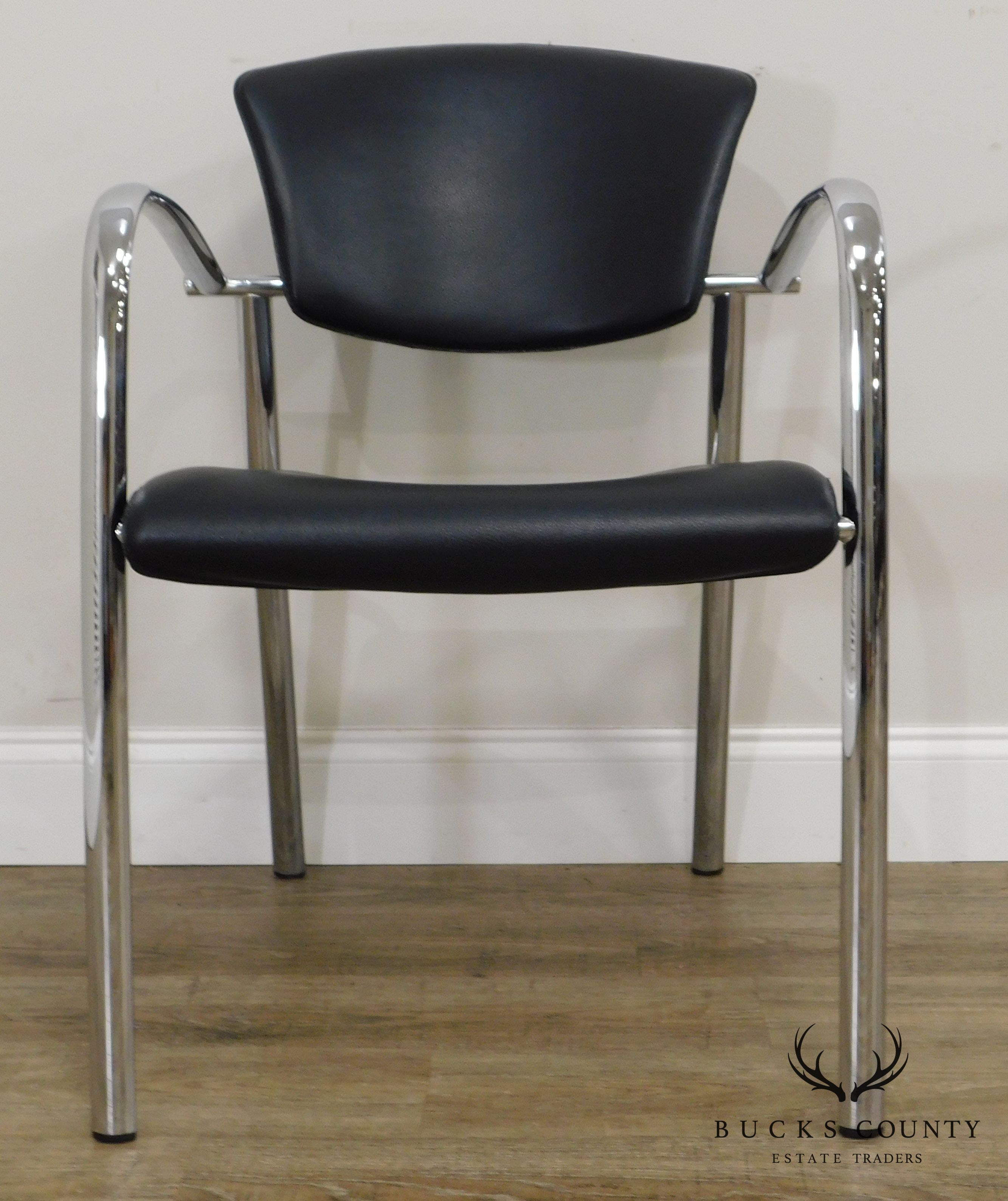 Brayton International Collection Steelcase Pair Chrome & Black Leather Armchairs