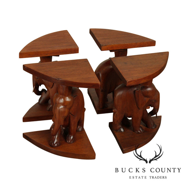 Hand Carved Wood Vintage Set of 4 Elephant Low Pedestals Tables