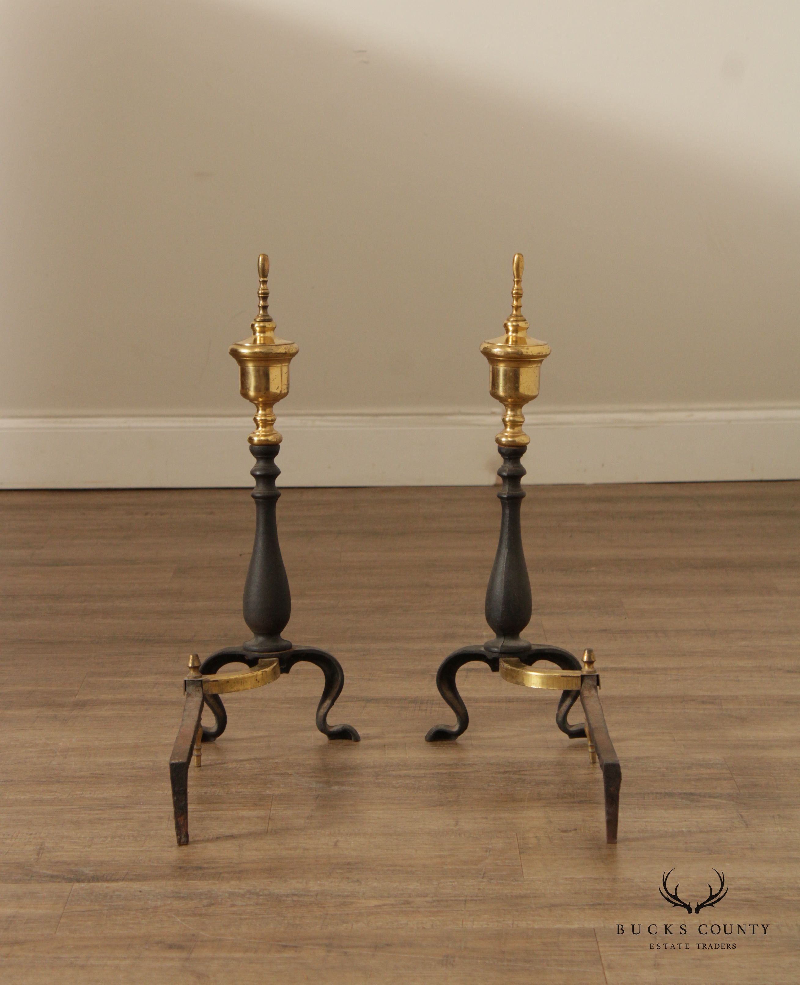 Federal Style Brass and Cast Iron Pair of Andirons