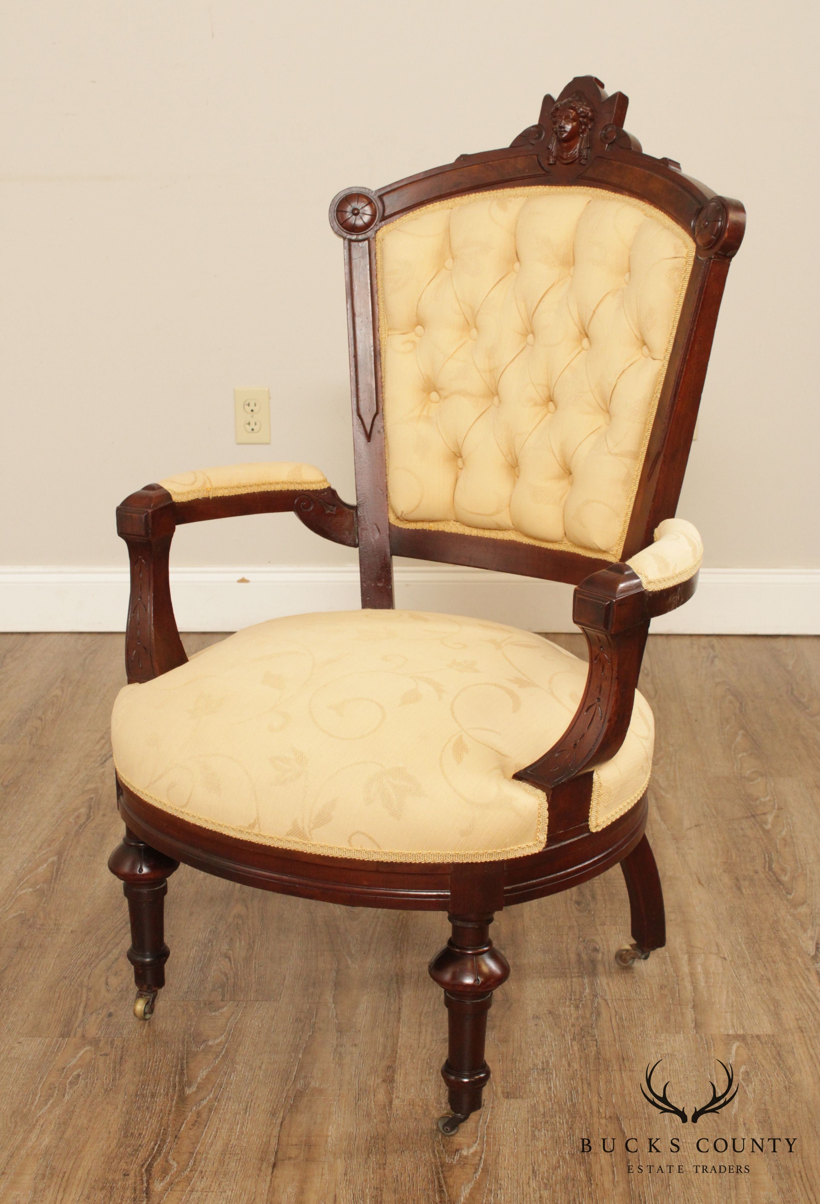 Antique Victorian His & Hers Pair Walnut Armchairs