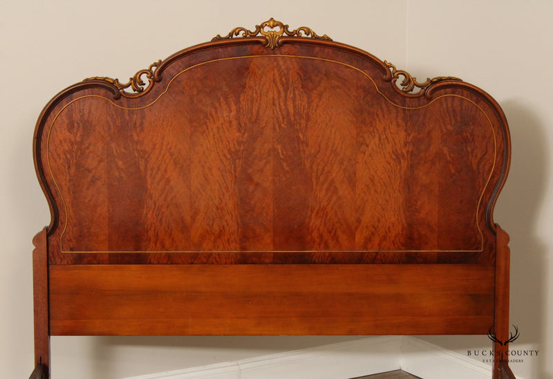 1930's French Louis XV Style Parquetry Carved Walnut Full Bed Frame