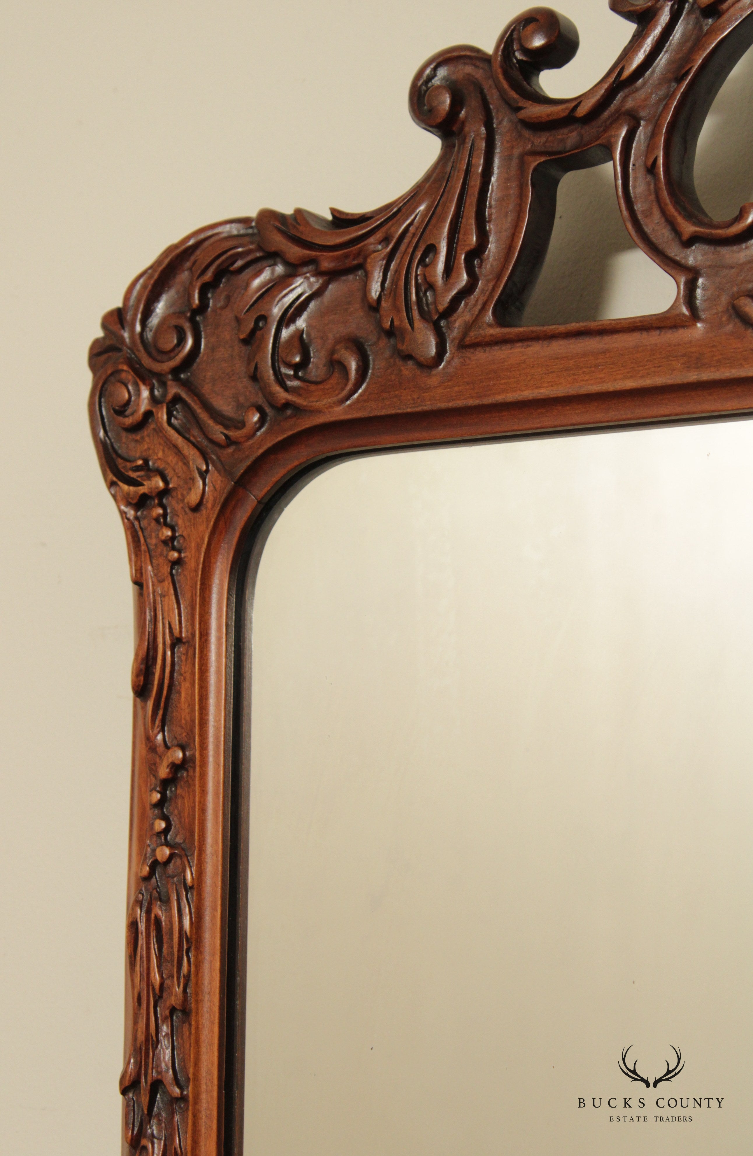 1940s Vintage French Style Carved Mahogany Wall Mirror (A)