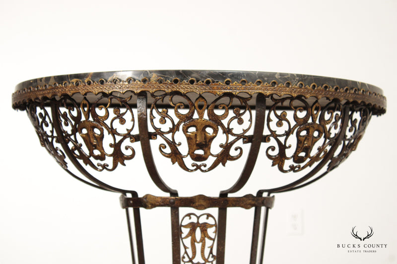 1920's Art Deco Marble Top Wrought Iron Demilune Console Table