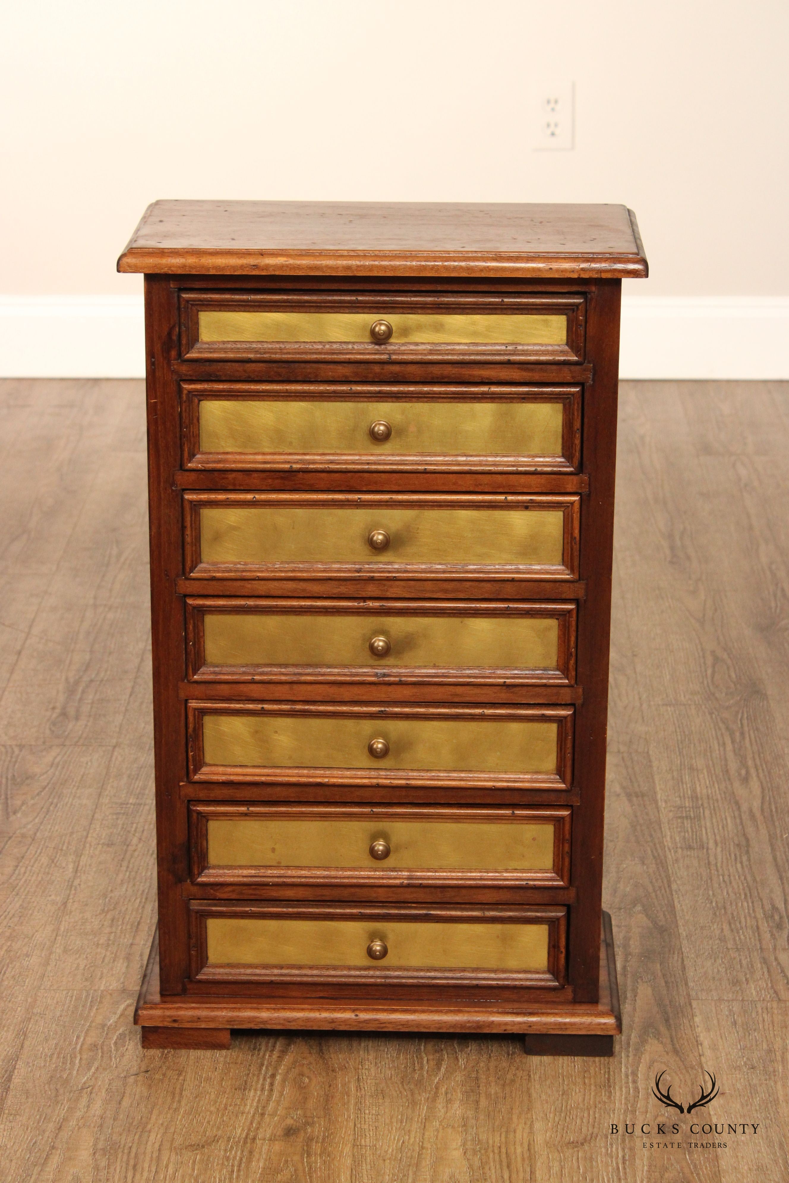 Vintage Italian Walnut And Brass Seven Drawer Accent Chest