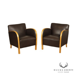 Art Deco Style Pair of Leather and Maple Club Chairs