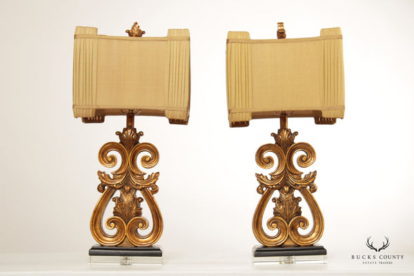 Italian Style Pair of Gilt Foliate Scroll Table Lamps with Shades
