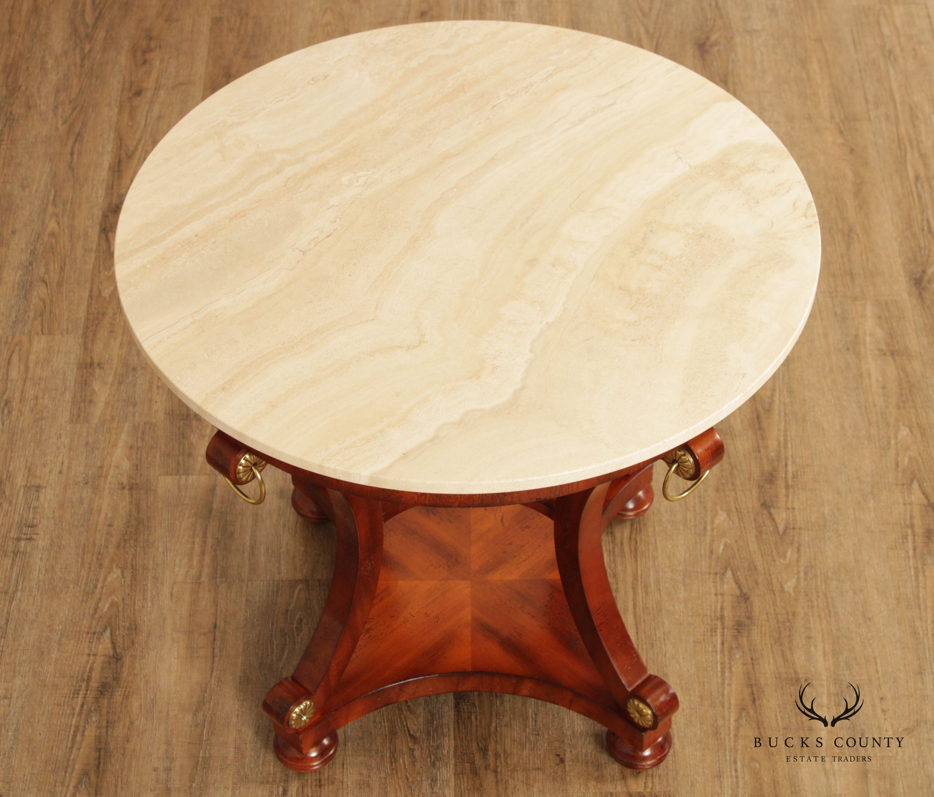 French Empire Style Round Travertine Top Mahogany Center Table