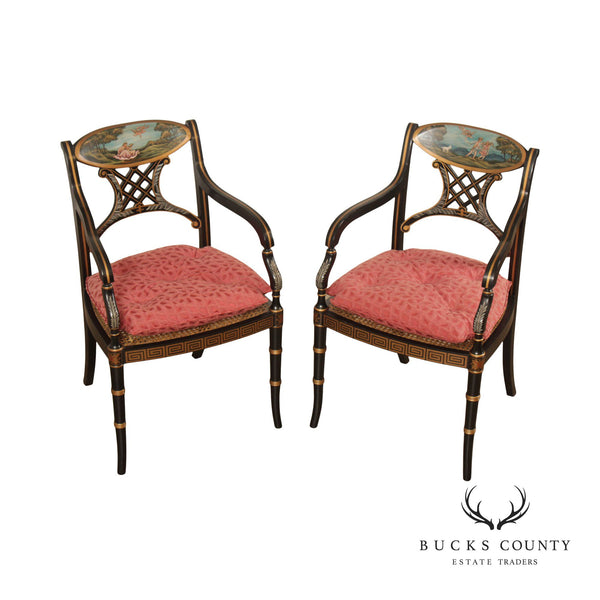 Regency Style Pair of Paint Decorated Caned Seat Armchairs