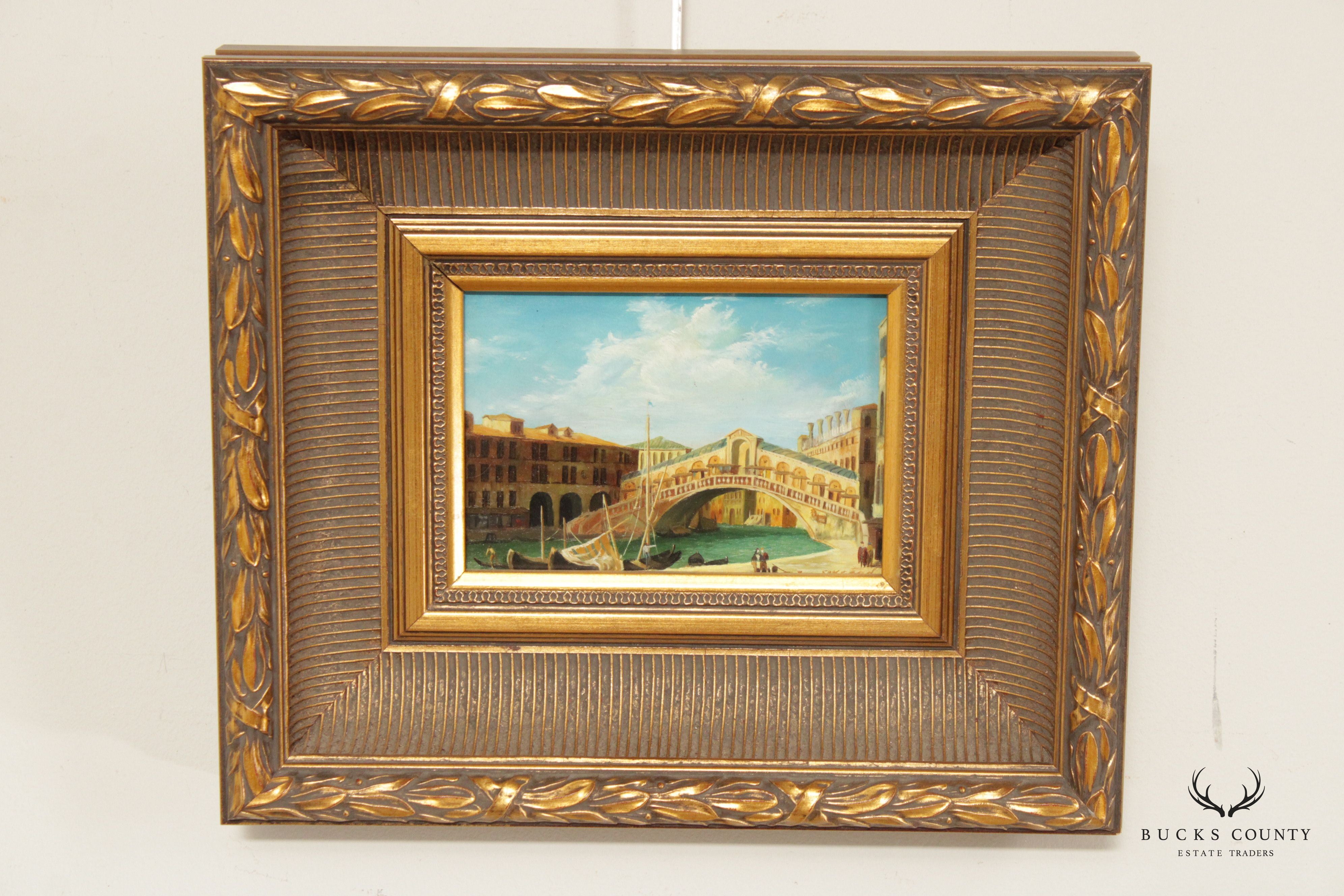 Vintage Italian Venetian Canal Scene Oil Painting, Custom Framed