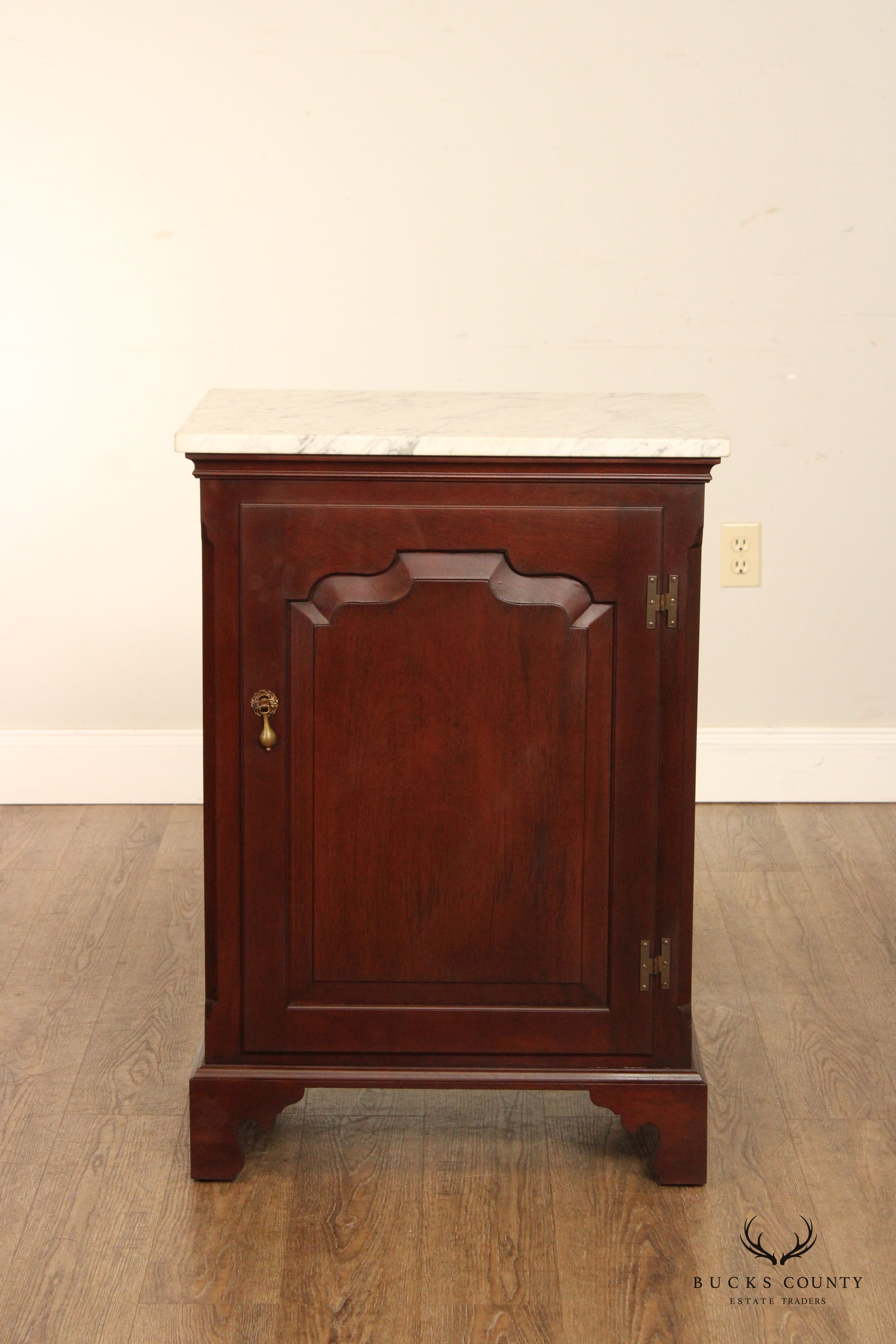 Vintage Pair Mahogany Marble Top Cabinet Nightstands