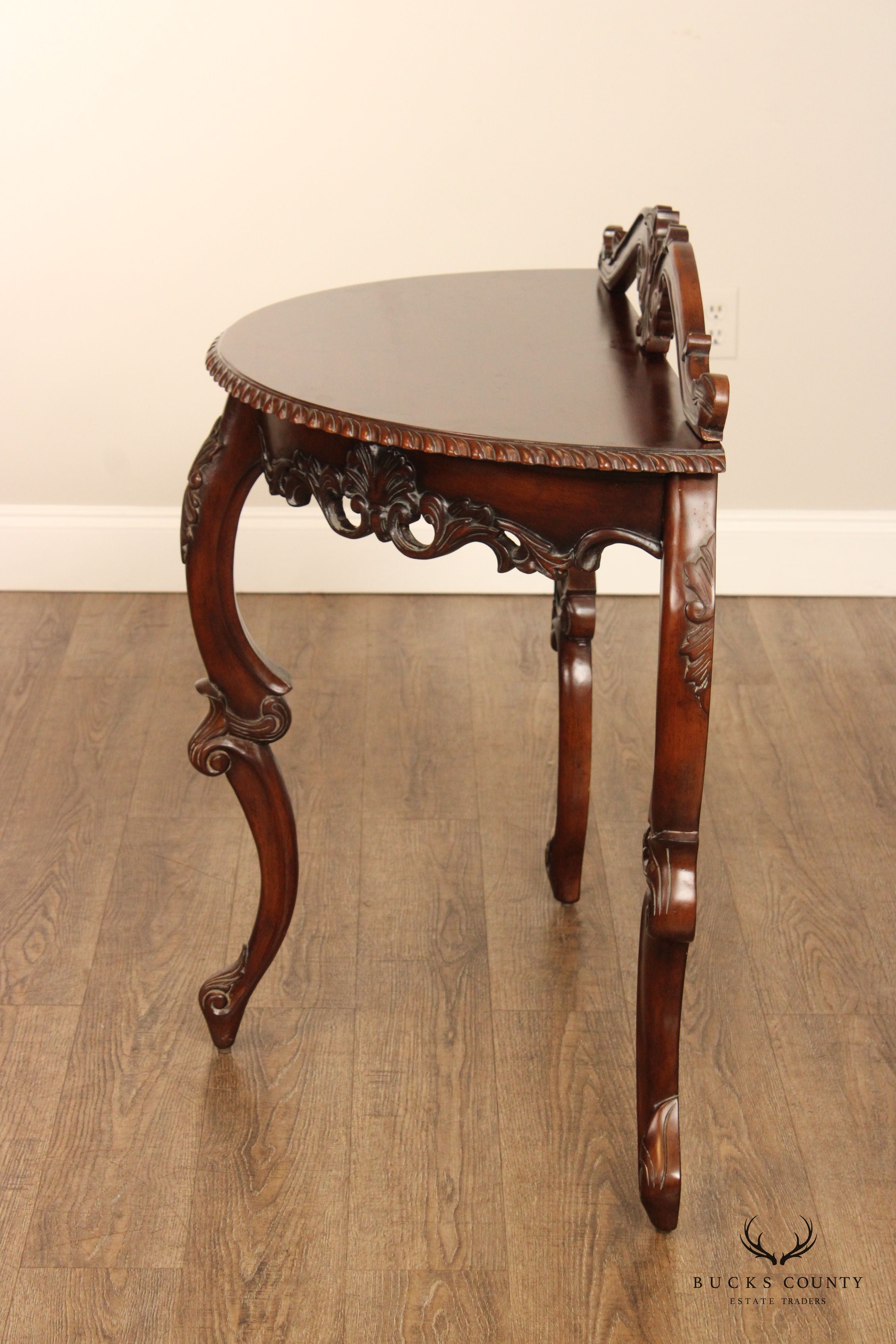 Italian Rococo Style Carved Mahogany Demilune Console Table