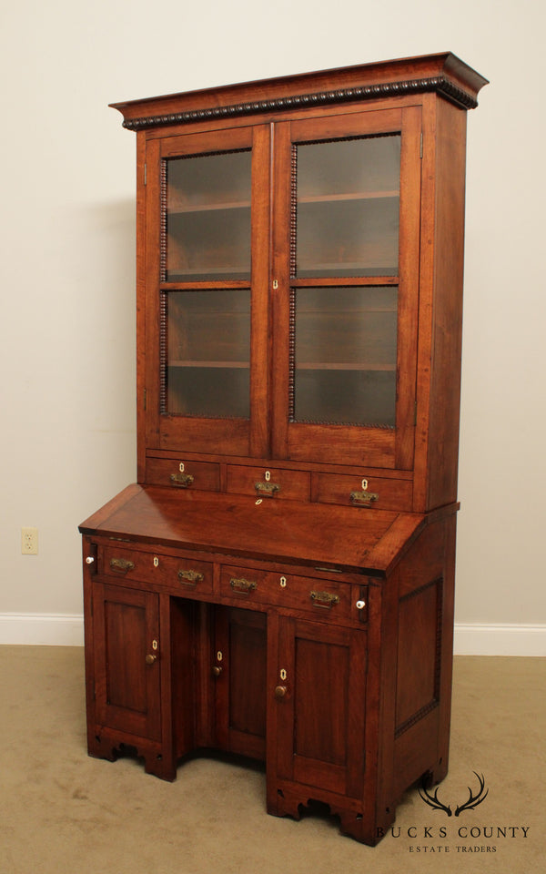 Antique 19th Century Solid Walnut Victorian Era Bookcase Secretary Desk