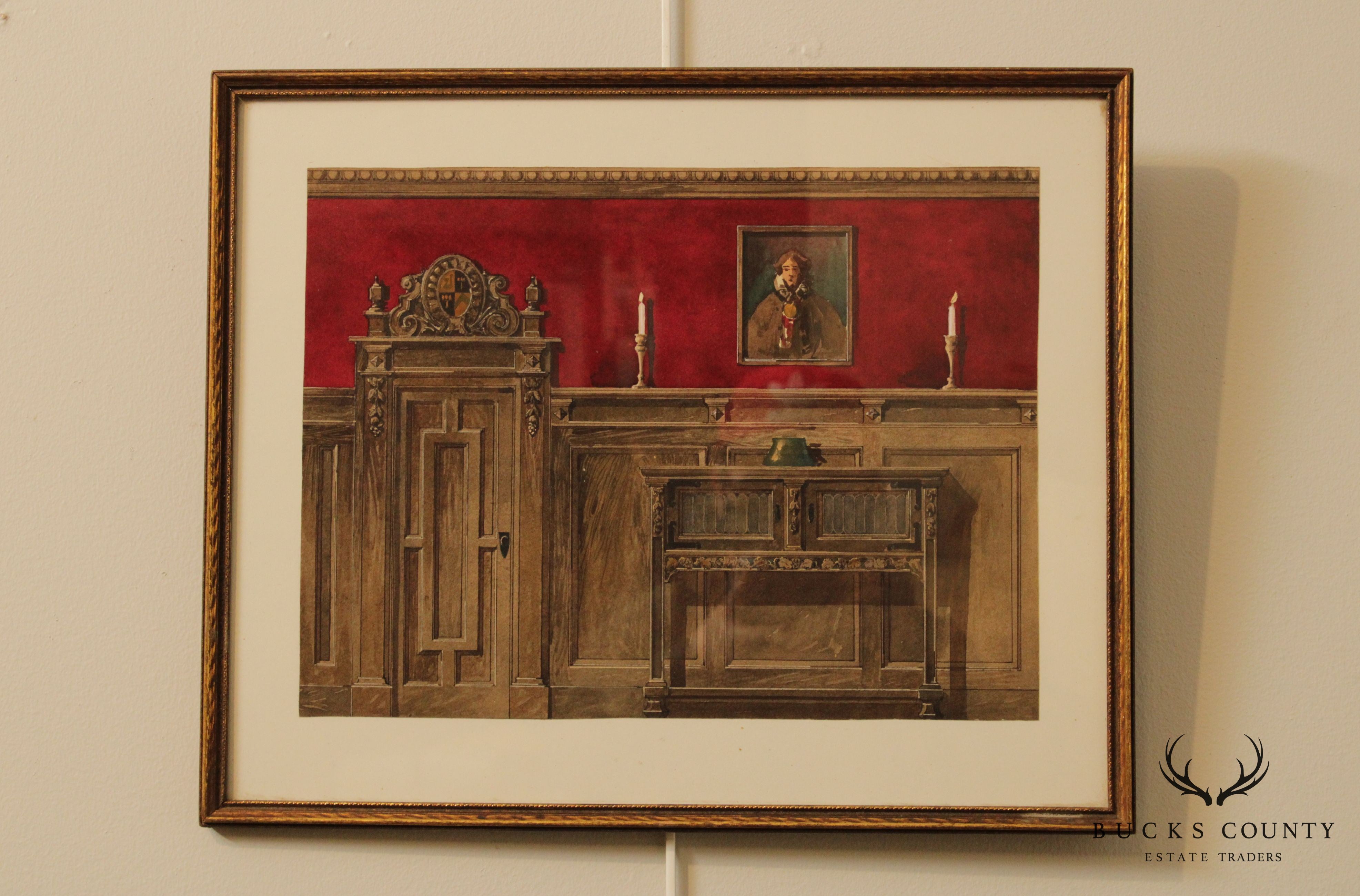 John H. Burl Vintage Colored Watercolor Drawing, Interior Scene