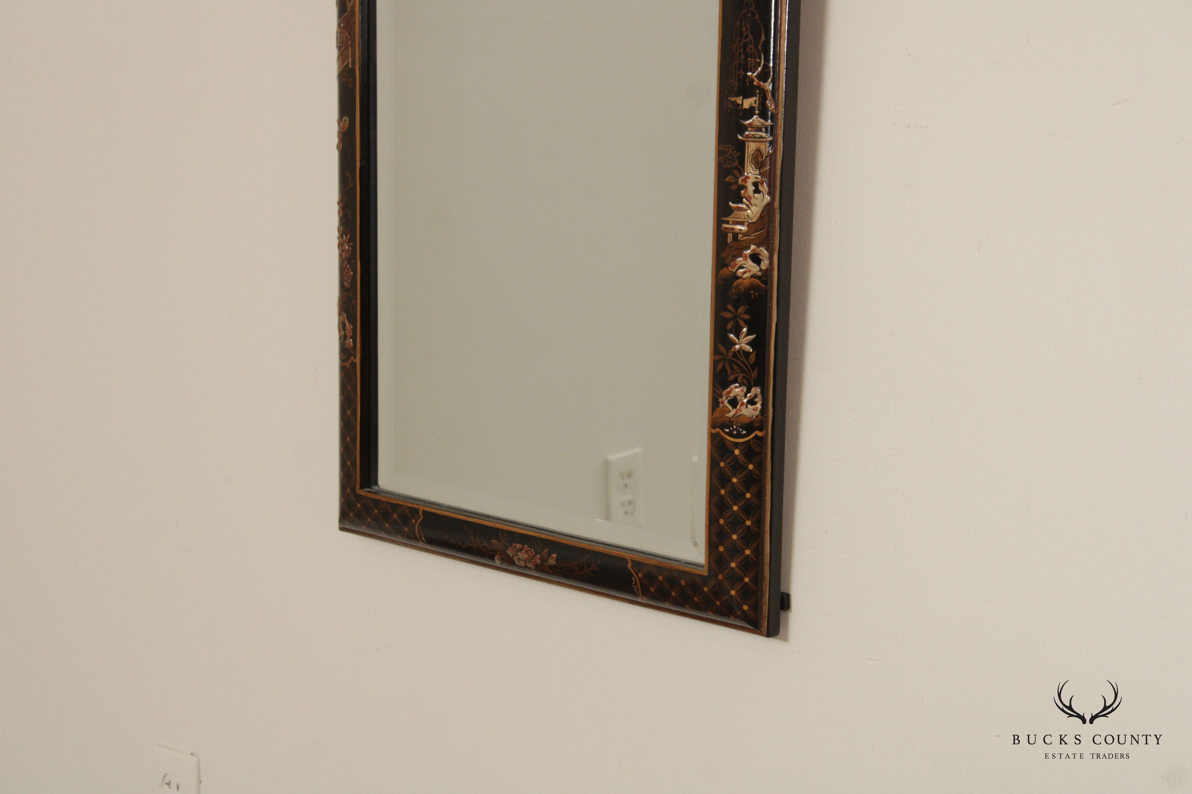 LaBarge Chinoserie Ebonized and Gilt Beveled Wall Mirror