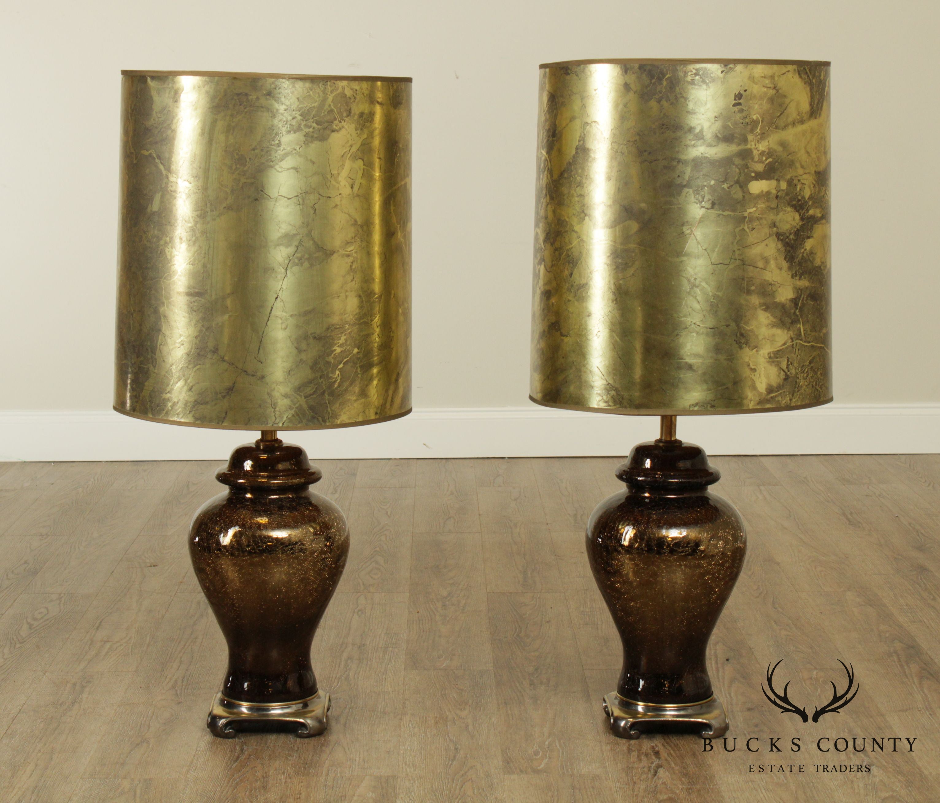 Hollywood Regency 1970's Vintage Pair Gold Crackle Glass Ginger Jar Lamps