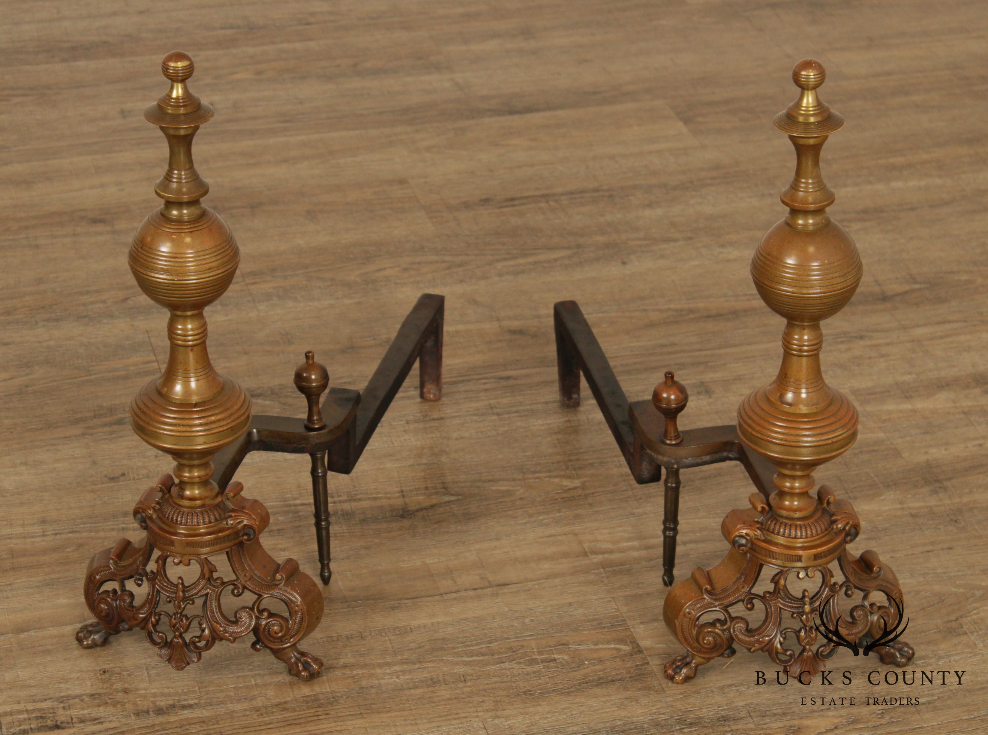 Antique Victorian Style Brass Pair of Andirons