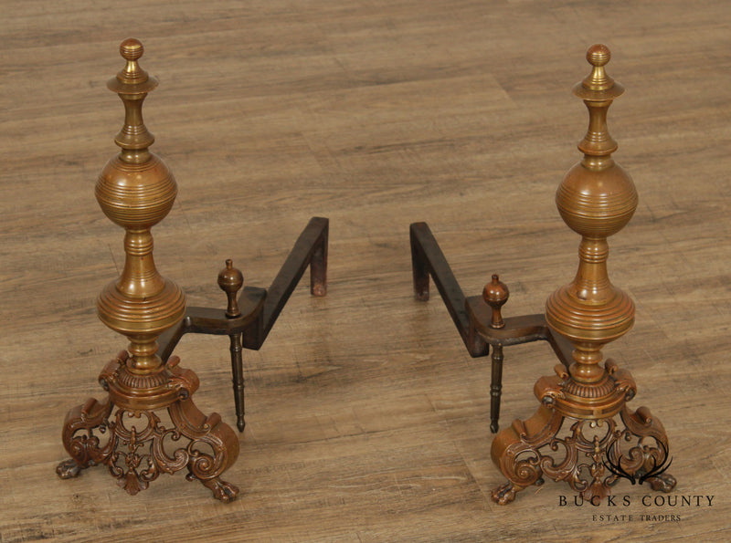 Antique Victorian Style Brass Pair of Andirons