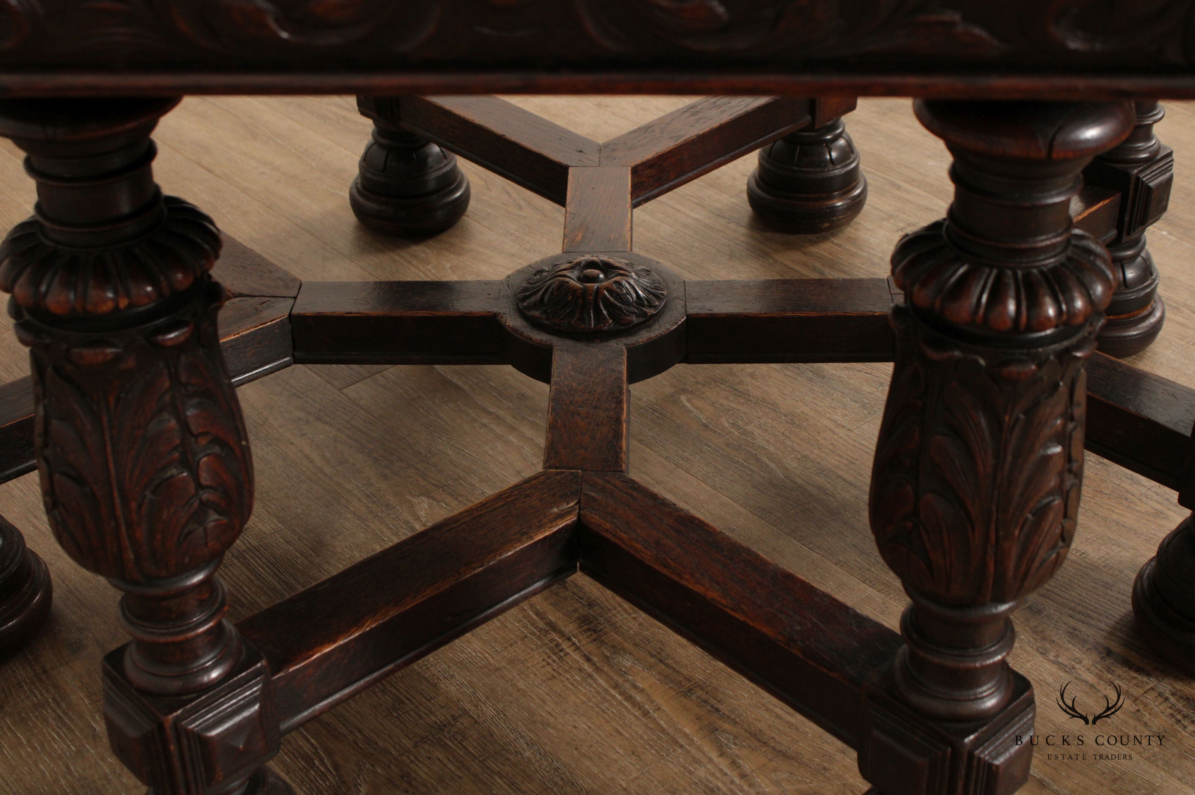 Antique French Renaissance Revival Carved Oak Octagonal Leather Top Center Table