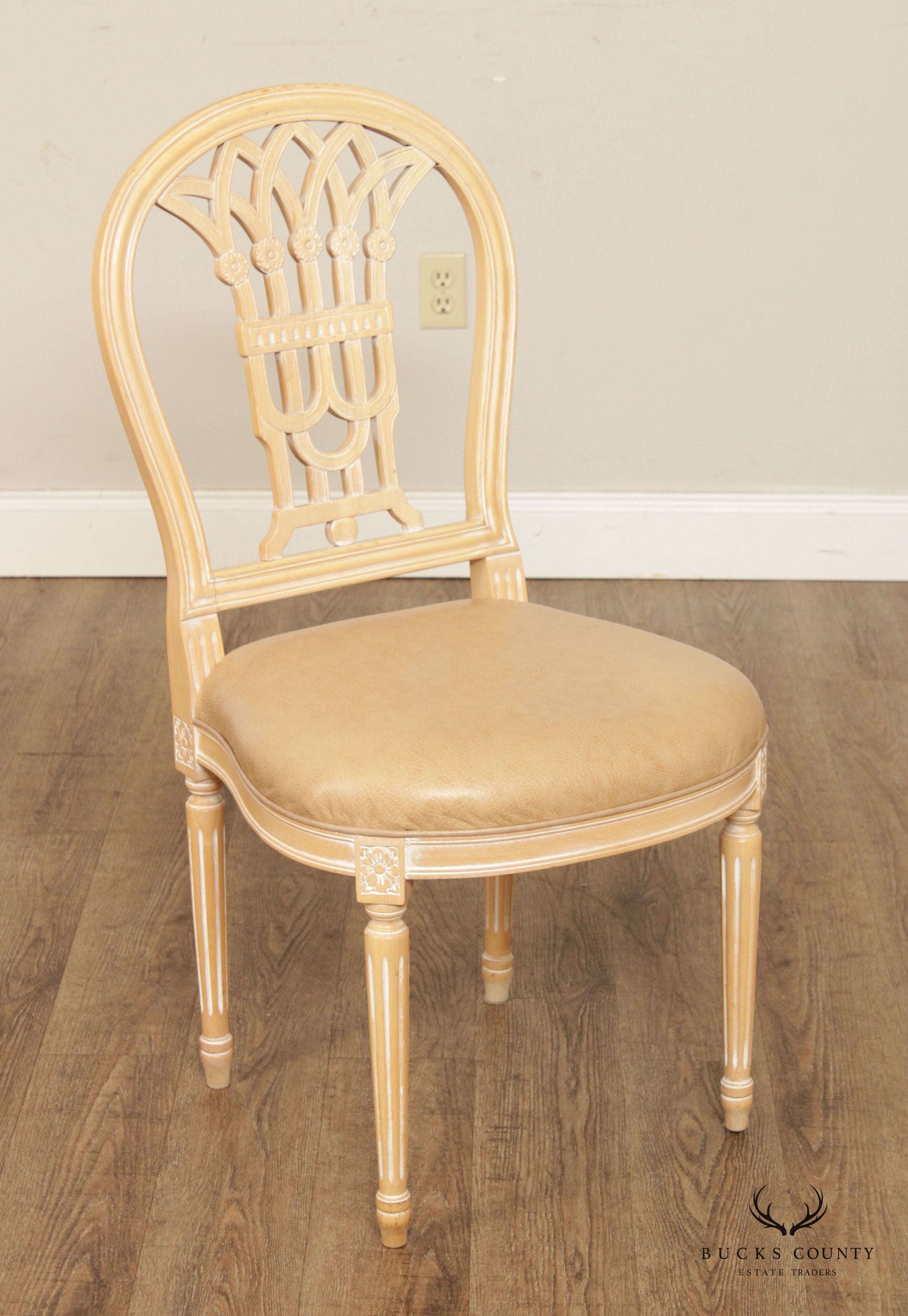 French Louis XVI Style Set 4 White Washed Dining Room Chairs