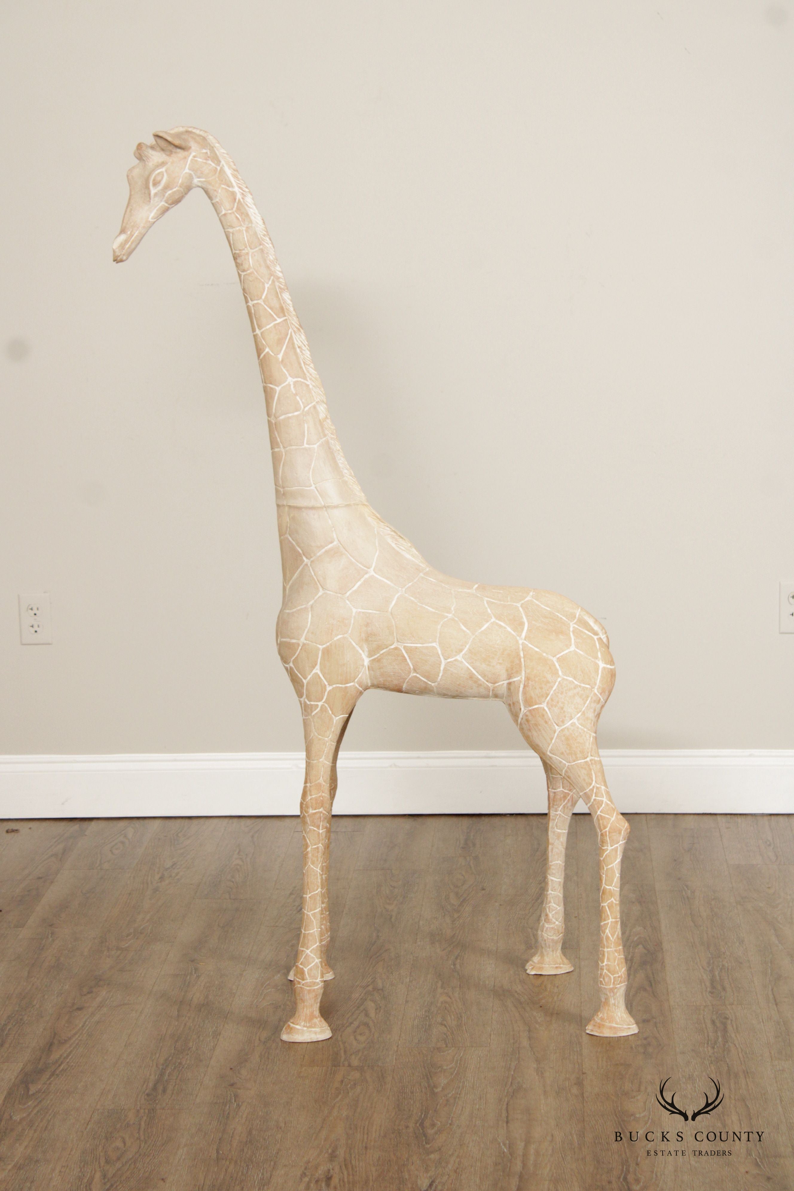 Pair of Tall Vintage Carved Wood Giraffe Sculptures