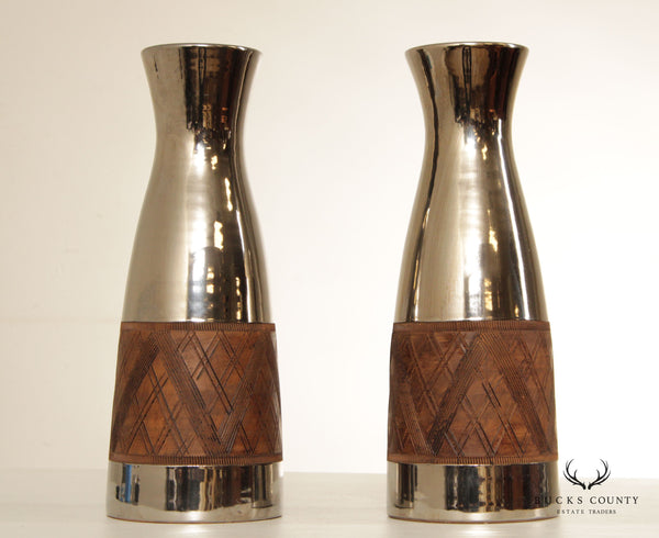 Italian Chromed Metal and Ceramic Pair of Vases or Large Decanters