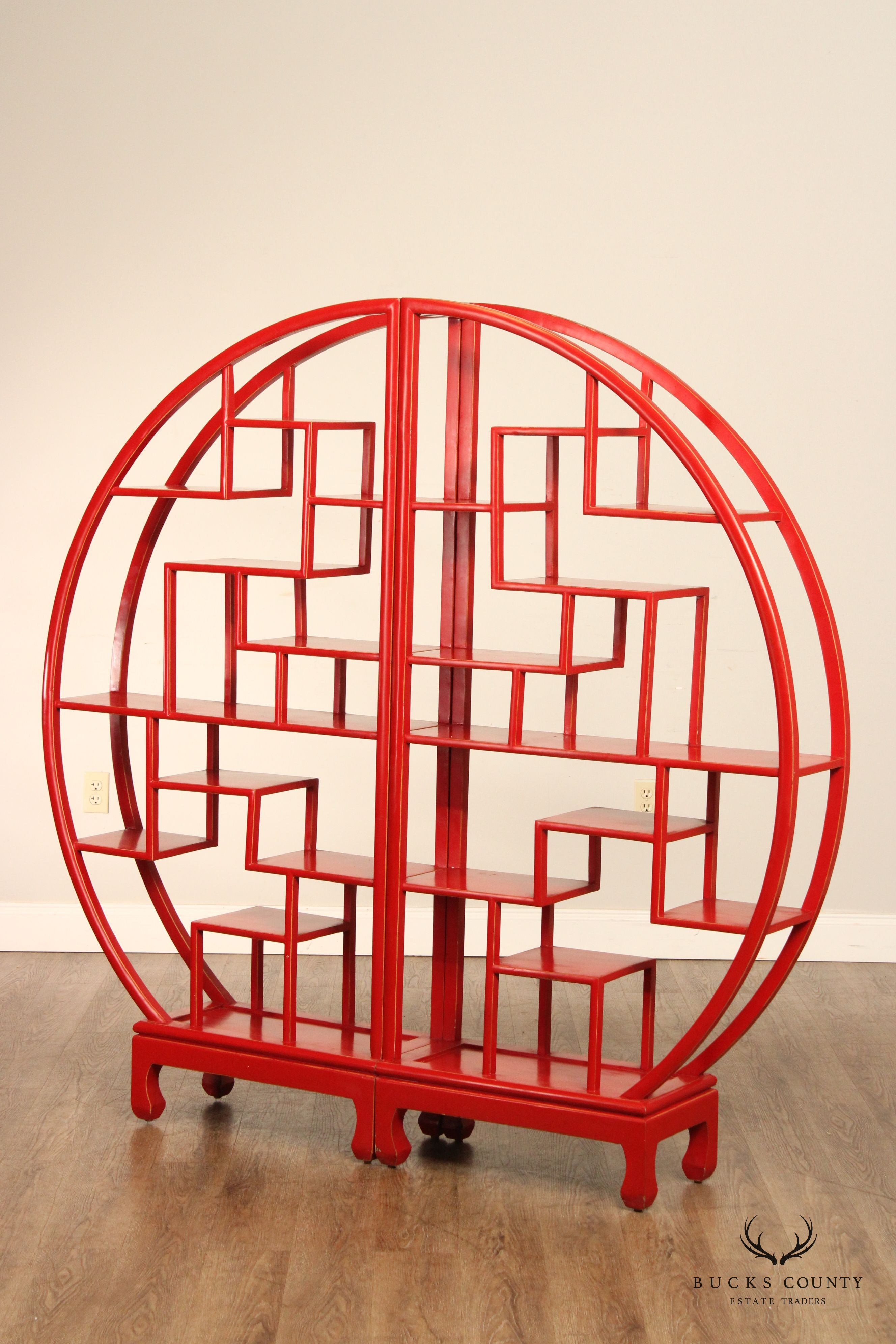 Asian Style Red Painted Round Two Part Room Divider Etagere