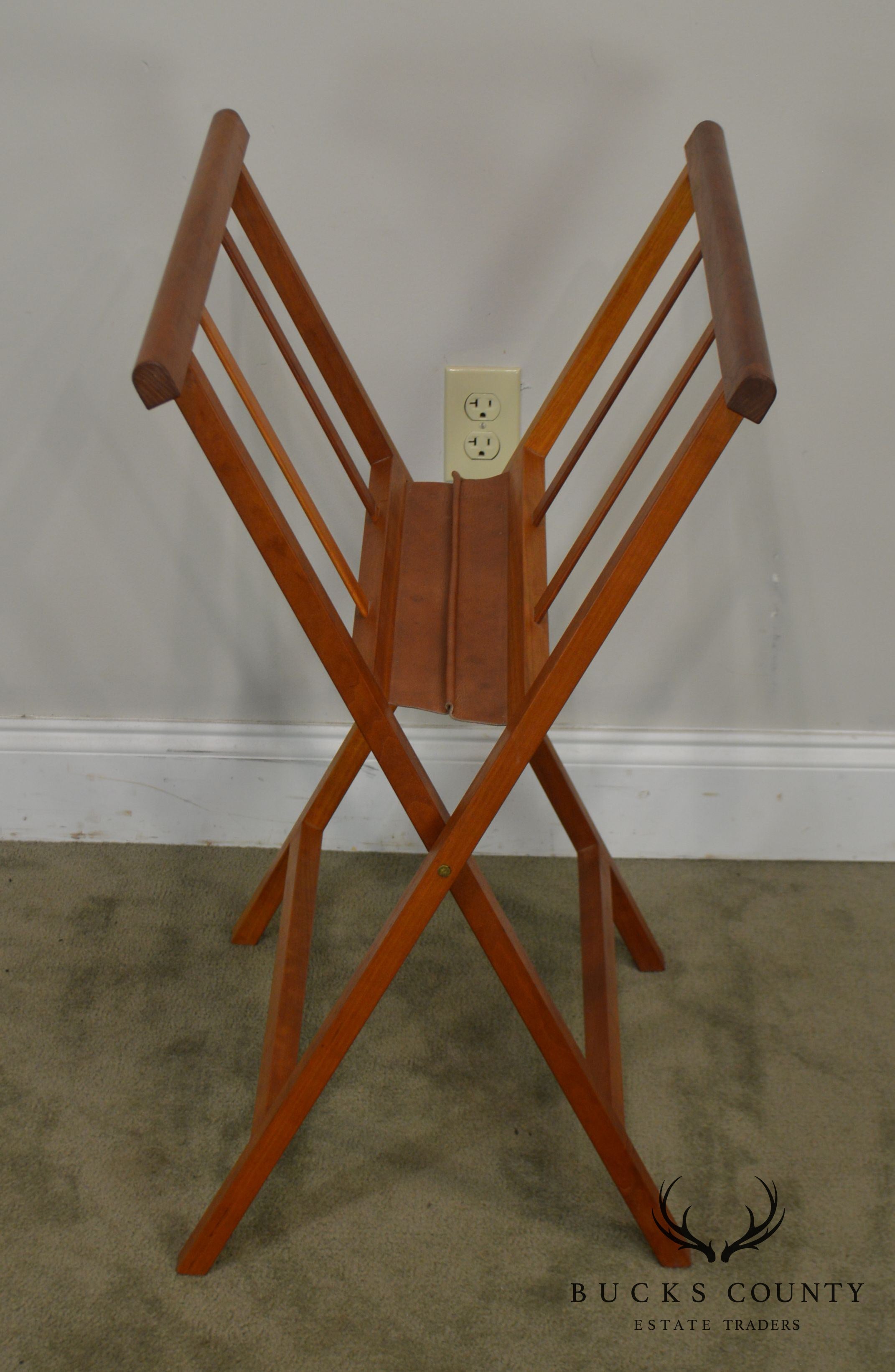 Danish Modern Style Pair Teak & Leather Folding Stands