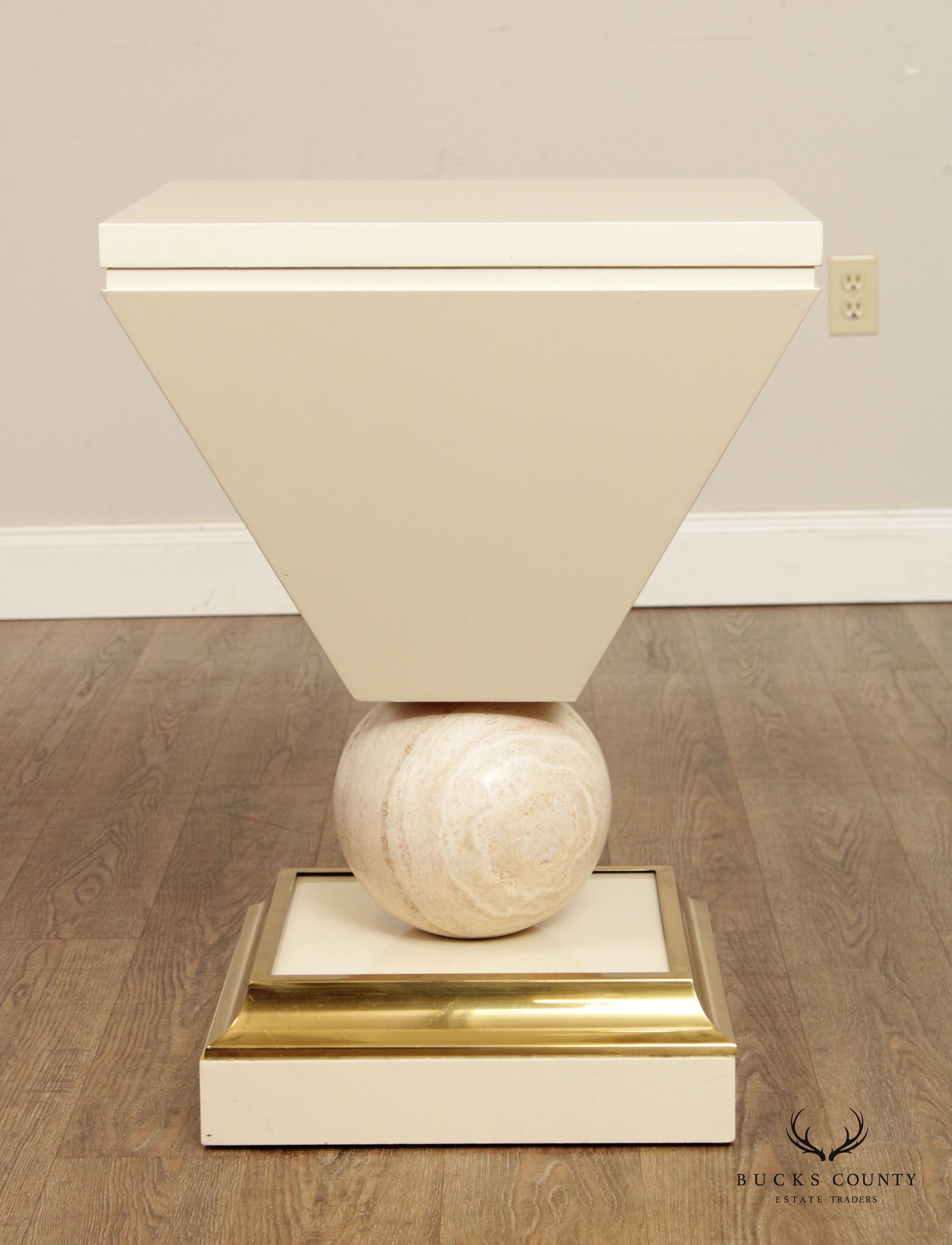 Post Modern Lacquered Pedestal Stand With Travertine Sphere