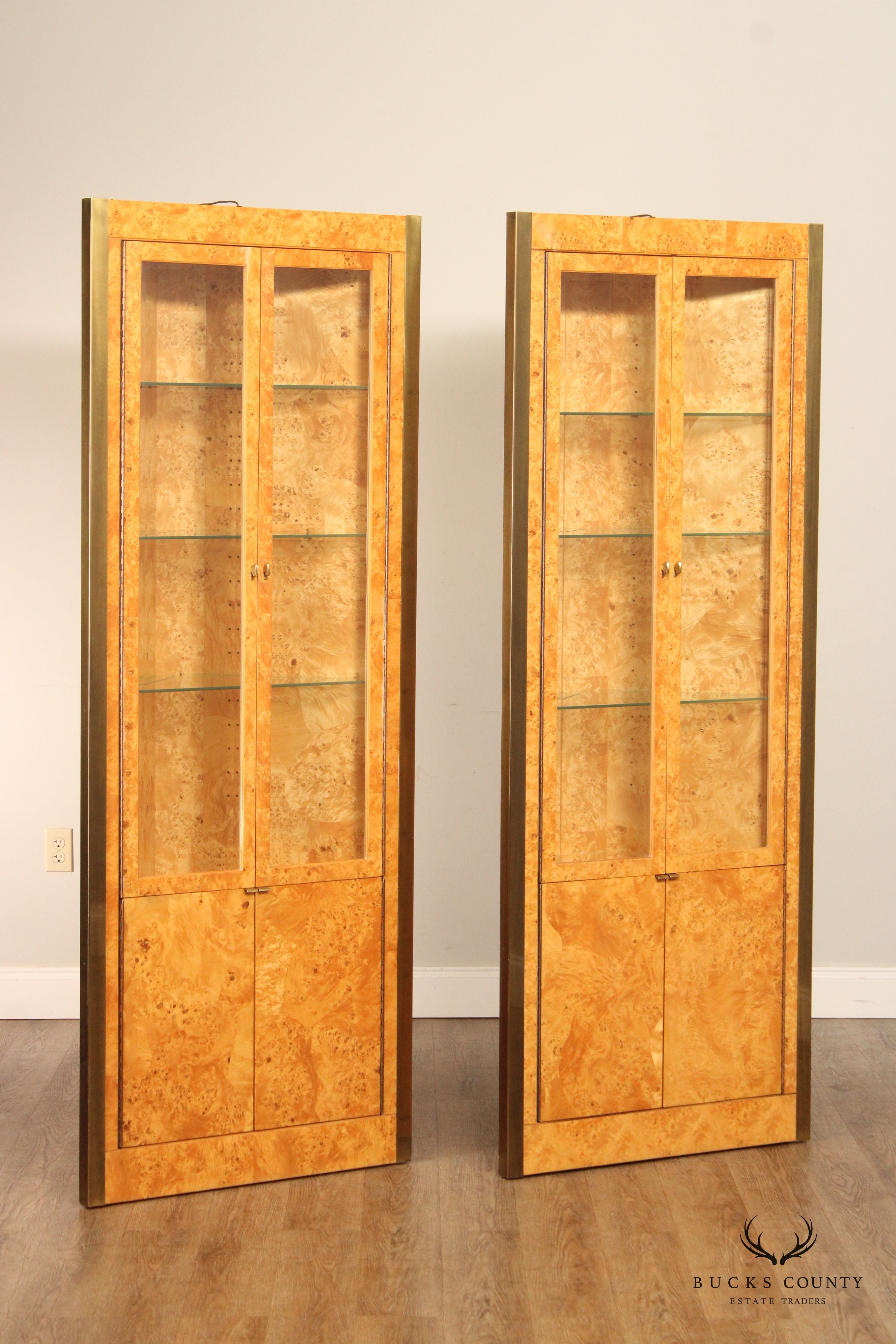 Mid Century Modern Pair of Burlwood Corner Cabinets