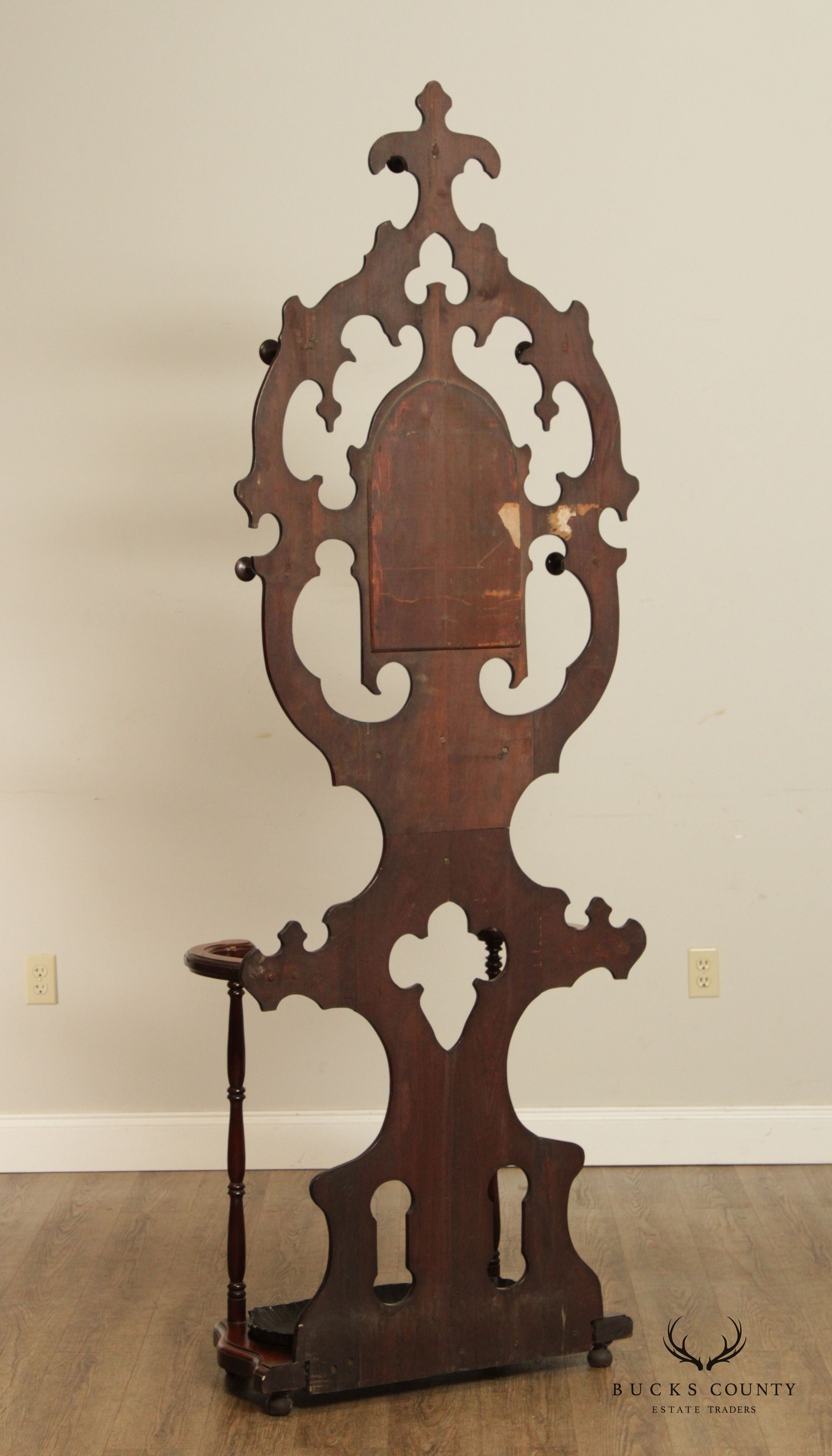 Antique 19th C. Victorian Walnut Hall Tree with Mirror