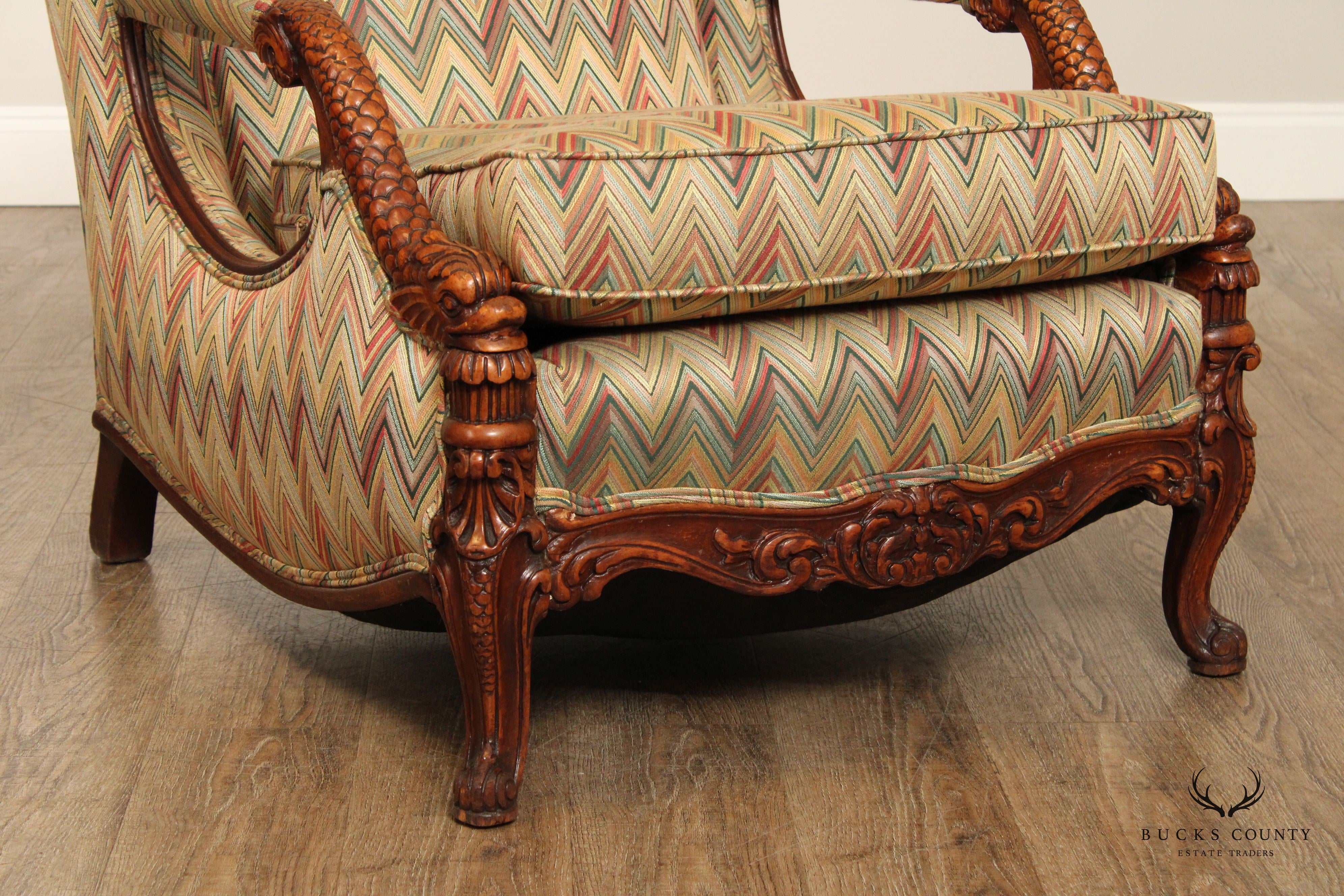 1930'S FRENCH REGENCY STYLE CARVED MAHOGANY LOUNGE CHAIR