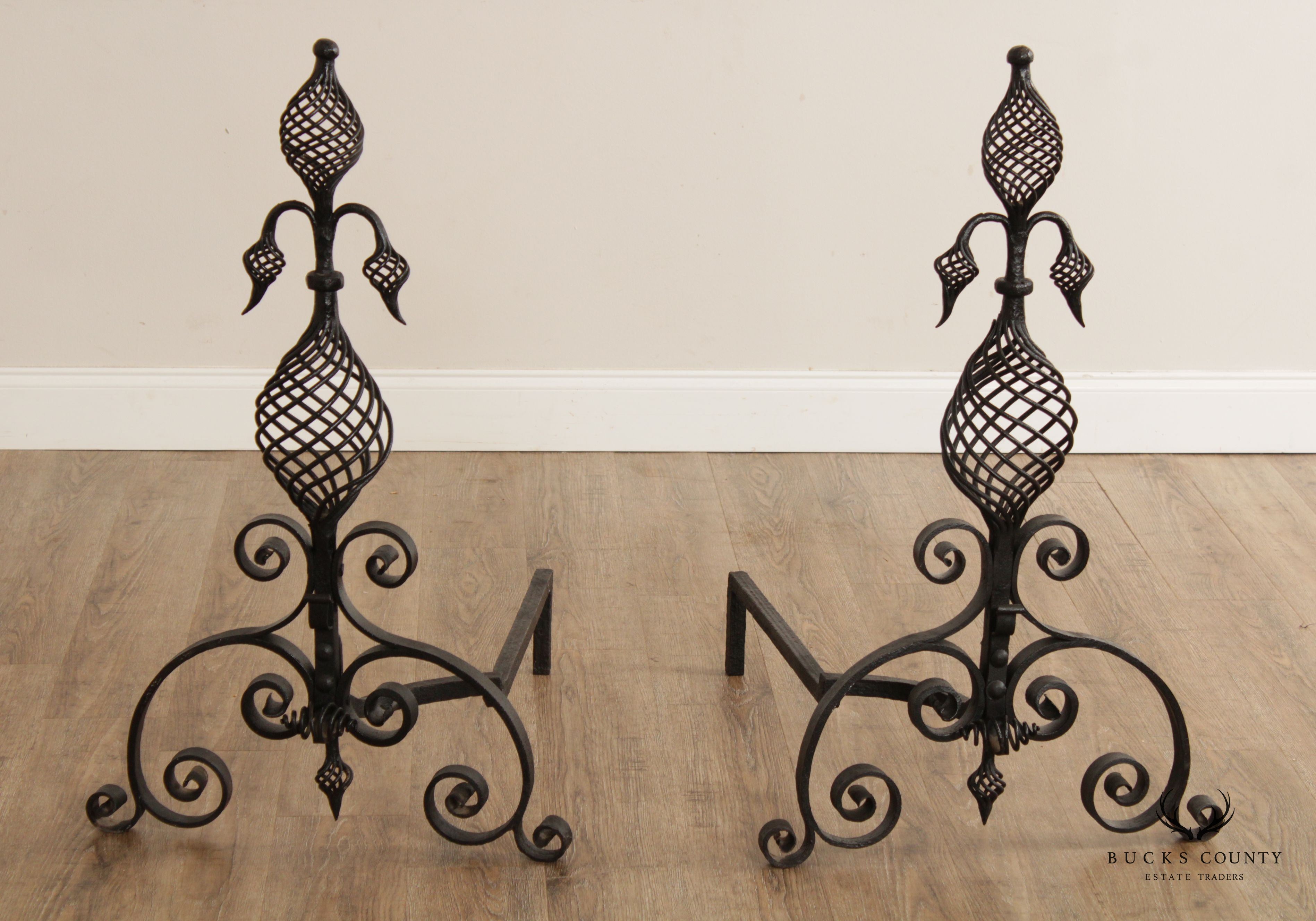 American Arts & Crafts Wrought Iron Pair Andirons