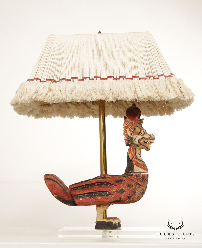 Balinese Wood Carved Crown Naga Duck Table Lamp with Shade