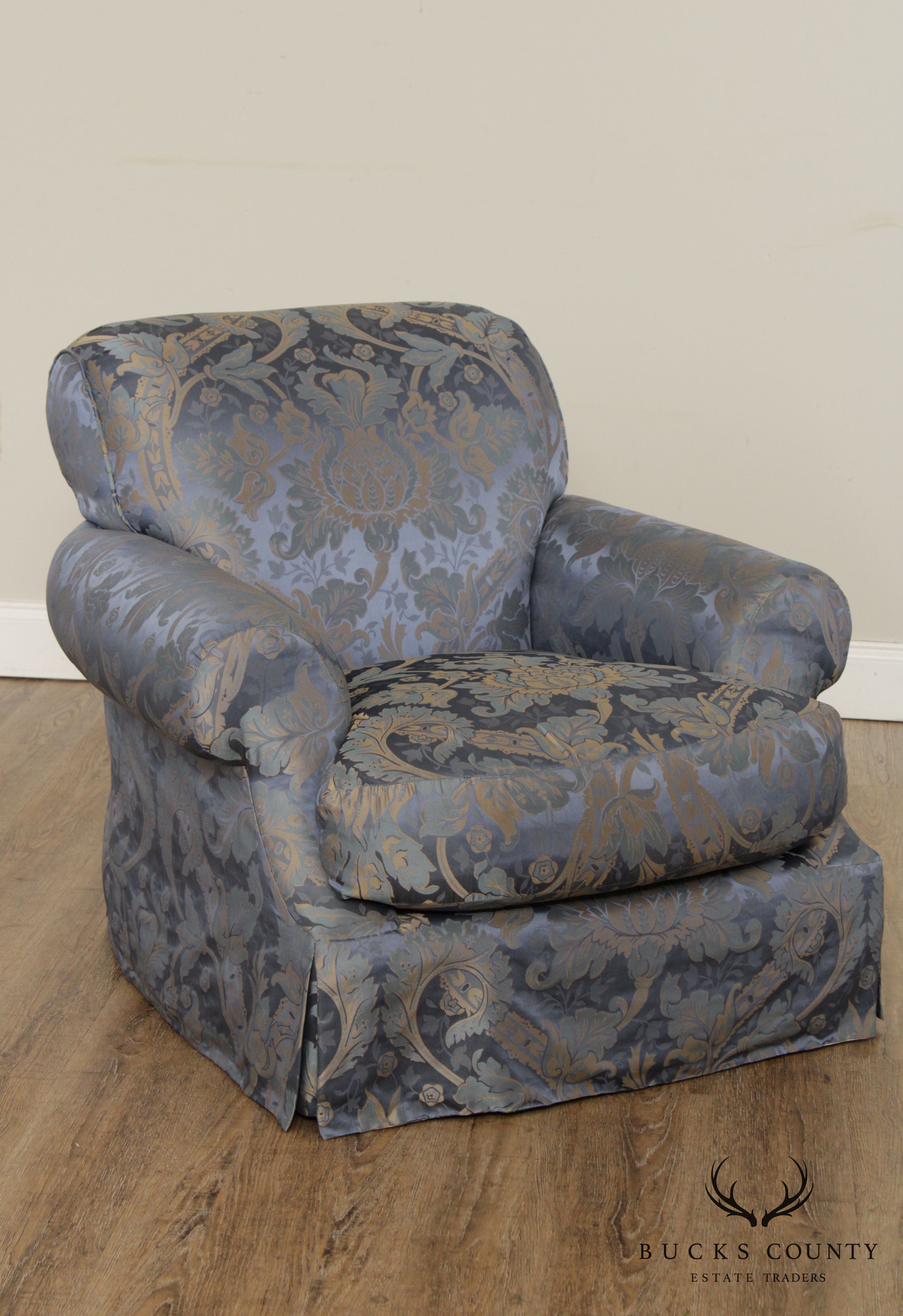 Custom Blue Damask Upholstered Living Room Chair