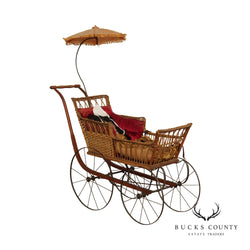 Antique Victorian Wicker Carriage Stroller with Umbrella