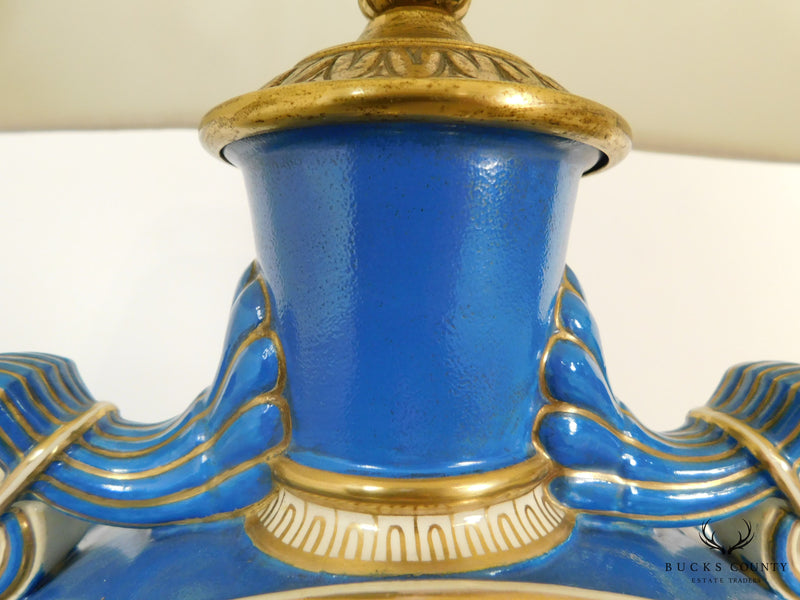 Royal Blue Canteen Form Ceramic Lamp with Enamel Decoration