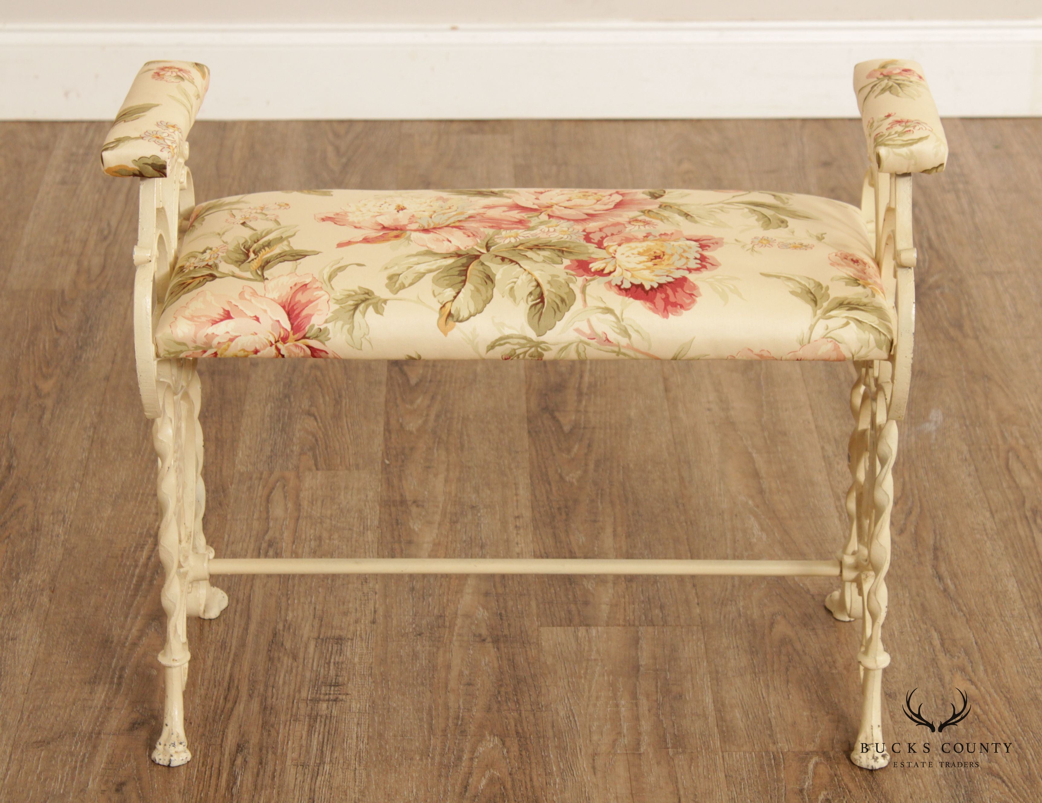 Renaissance Revival Style Antique  Upholstered Cast Iron Bench