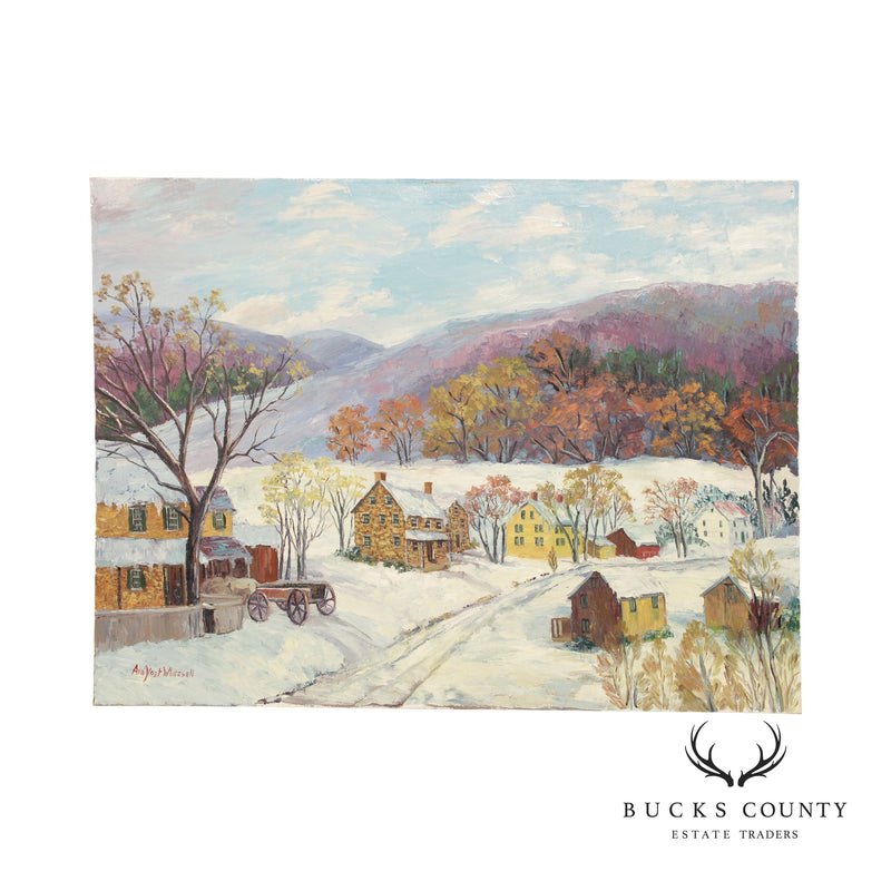 Ann Yost Whitesell 'Old Wagon' Winter Town Landscape Original Oil Painting