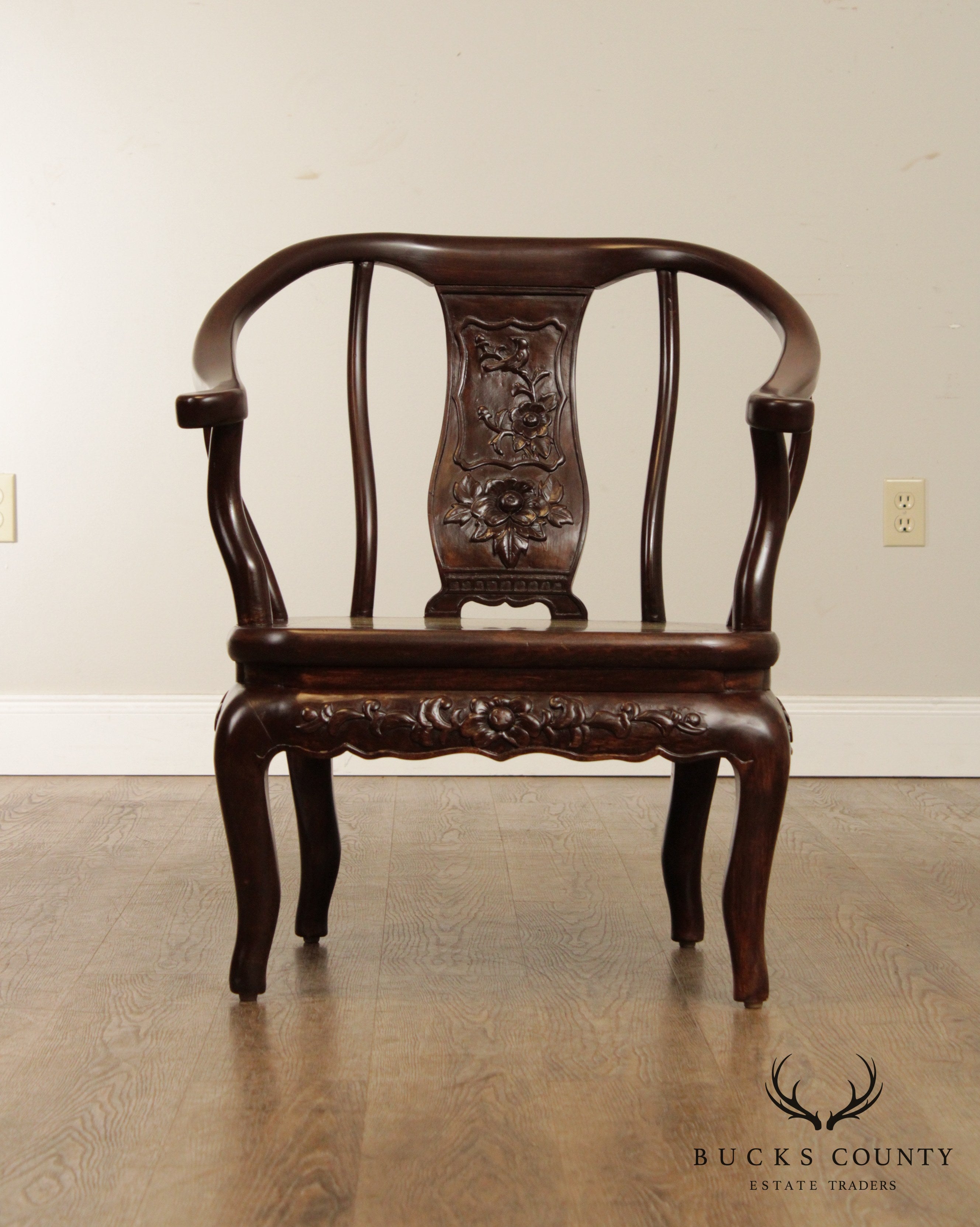 Chinese Pair Marble & Hardwood Horseshoe Chairs