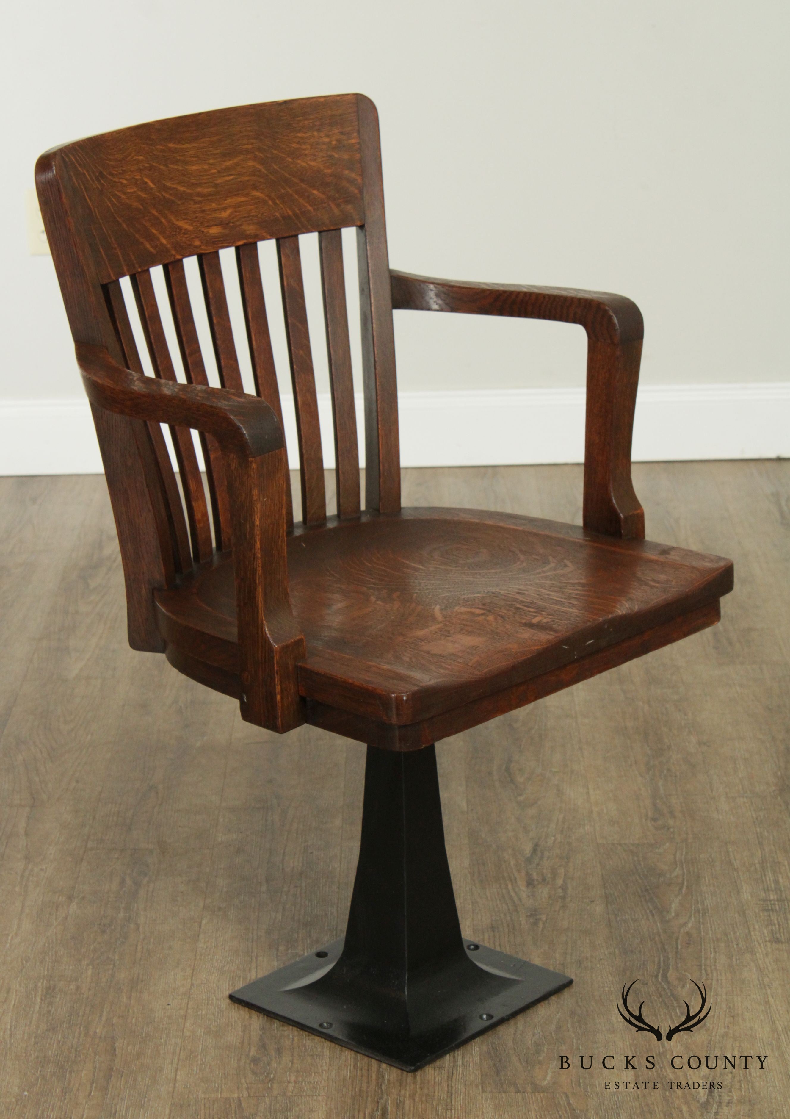 Antique Pair Mission Oak Swivel Armchairs, Iron Bases