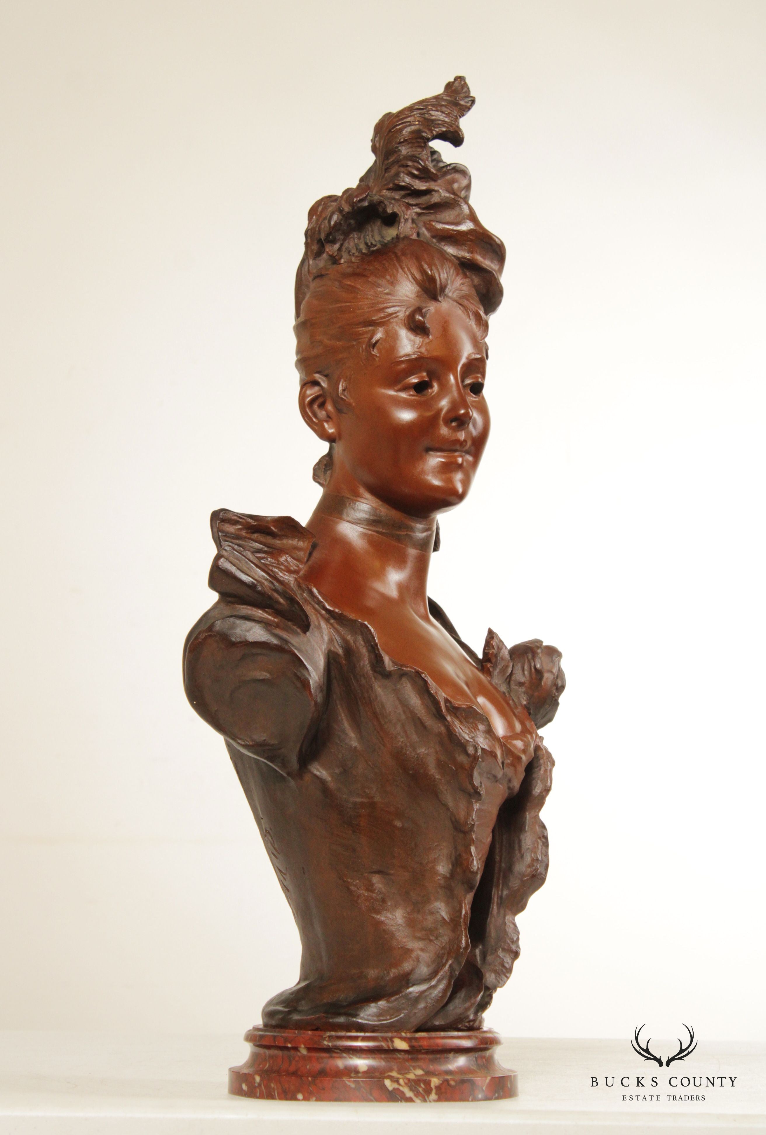 French Art Nouveau Bronze Female Bust Sculpture, After Victor Bruyneel