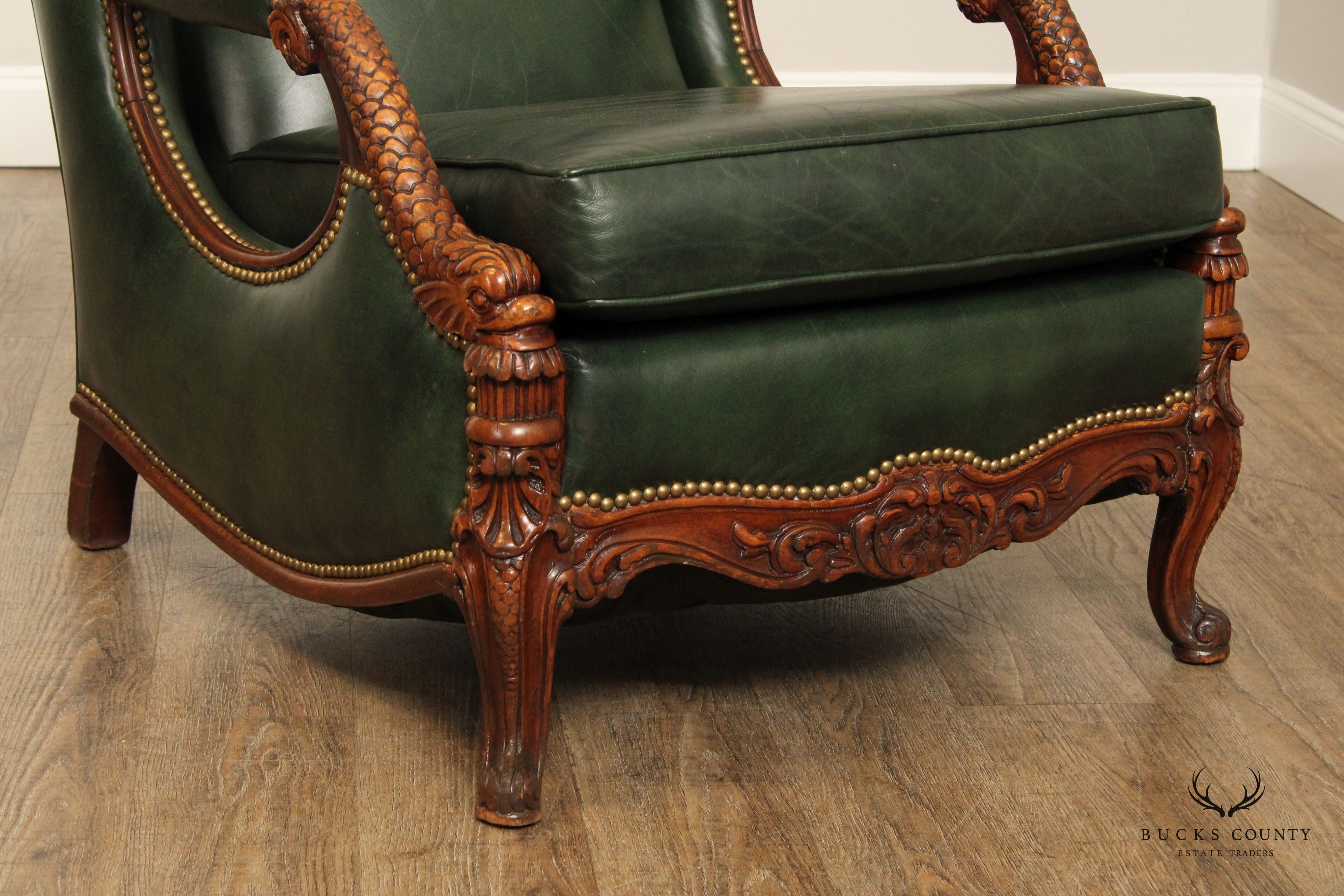 1930's French Regency Style Carved Mahogany and Leather Lounge Chair