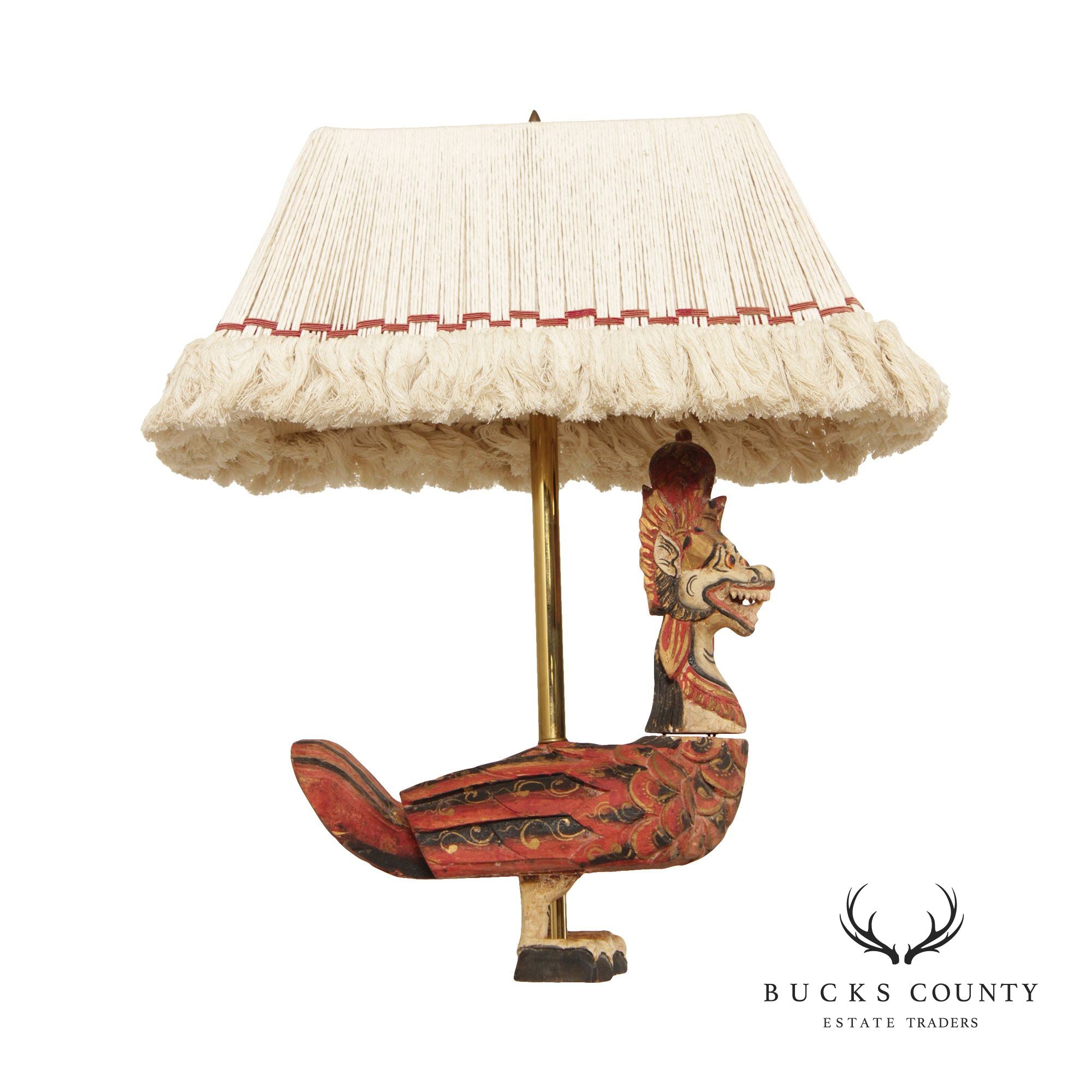 Balinese Wood Carved Crown Naga Duck Table Lamp with Shade