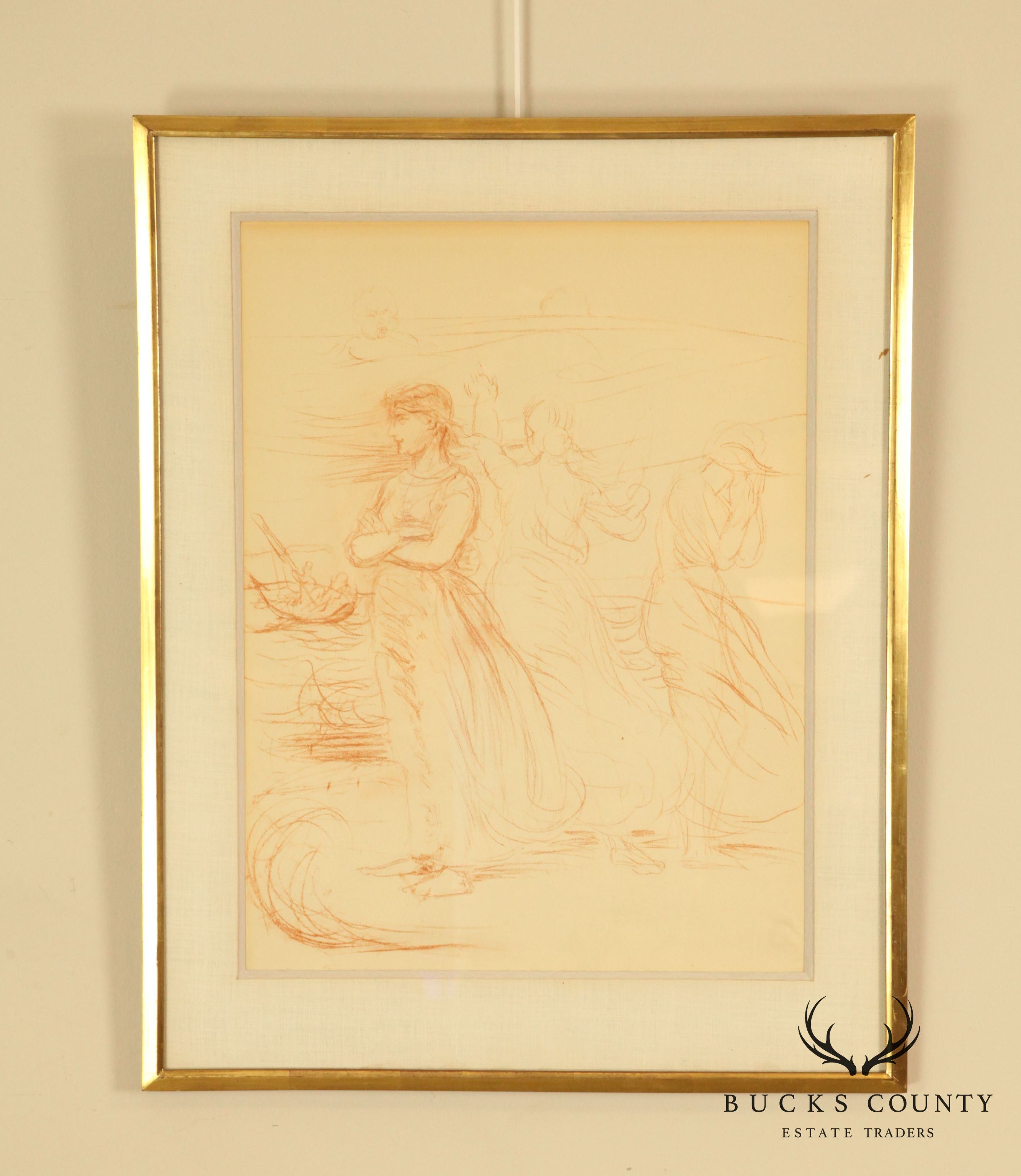 Hans Von Marees, Framed Sanguine Lithograph- Artist Drawing of Women (A)