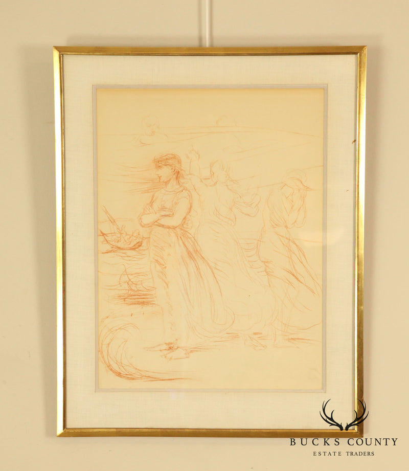 Hans Von Marees, Framed Sanguine Lithograph- Artist Drawing of Women (A)