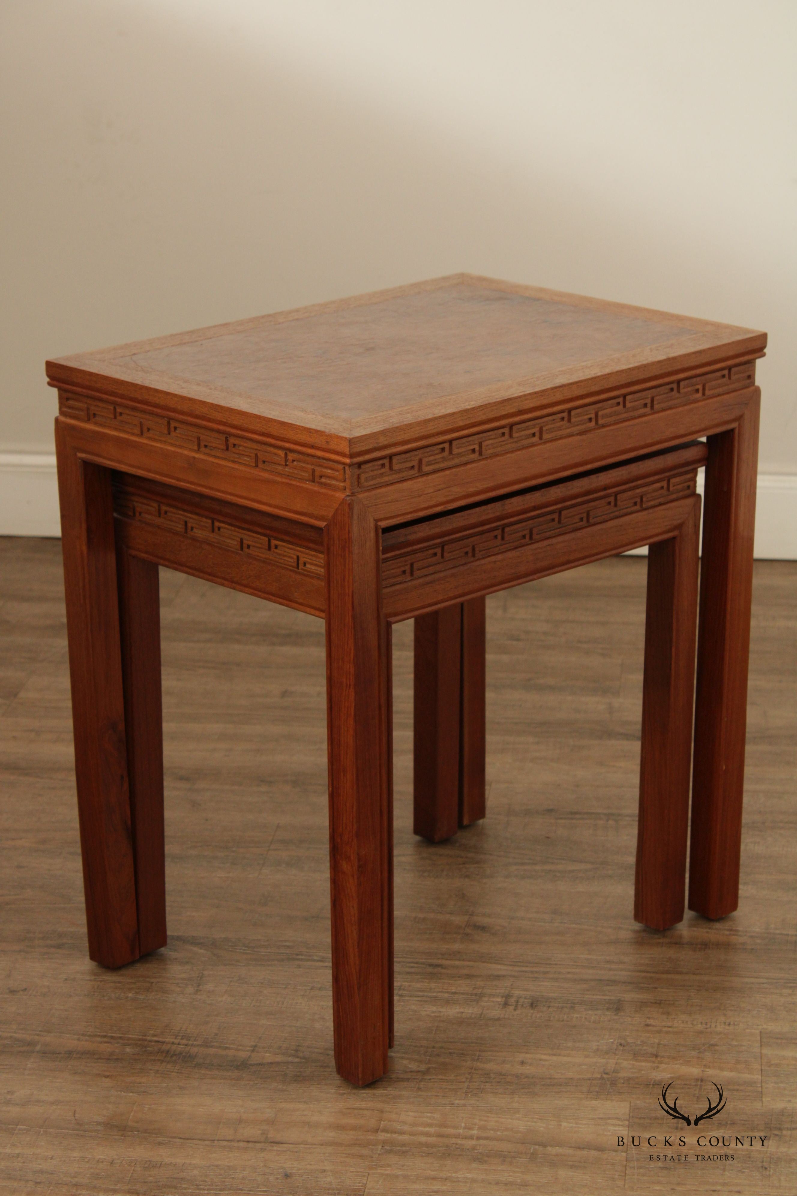 Mid Century Asian Burlwood Top Nesting Tables