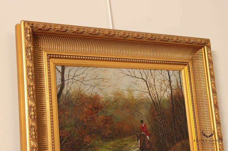 Signed English Equestrian Fox Hunt Large Framed Oil Painting
