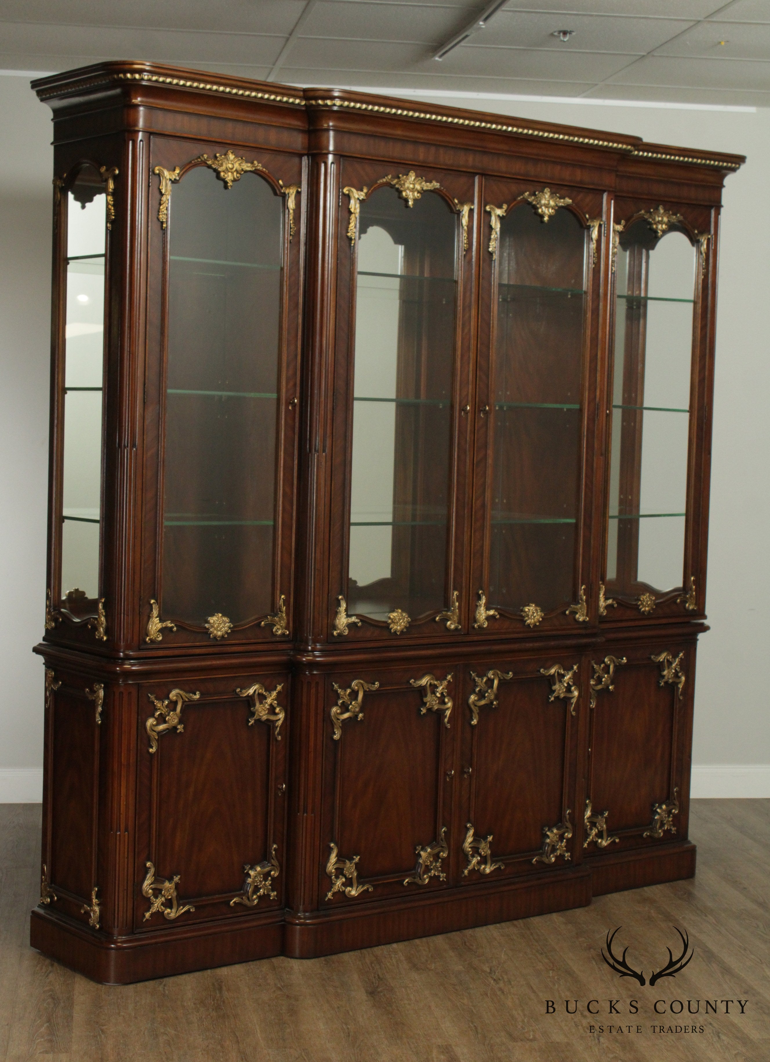 Monumental French Louis XVI Style Mahogany, Partial Gilt Breakfront